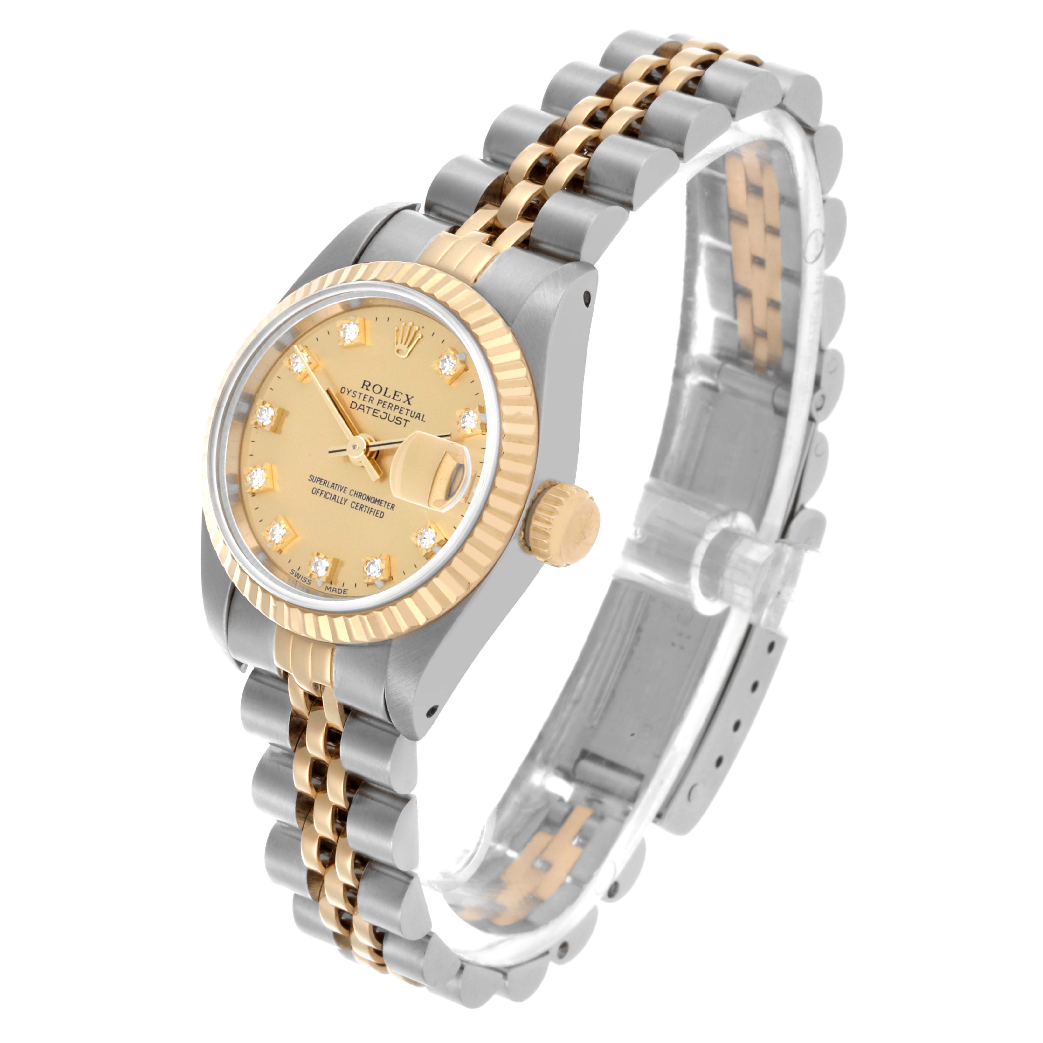 The Rolex Datejust 69173 Women's Steel and Gold (two tone) Champagne Dial 69173 Women's Steel and Gold (two tone) Champagne Dial watch is shown from a slightly tilted top view, displaying the face, bezel, crown, and bracelet.
