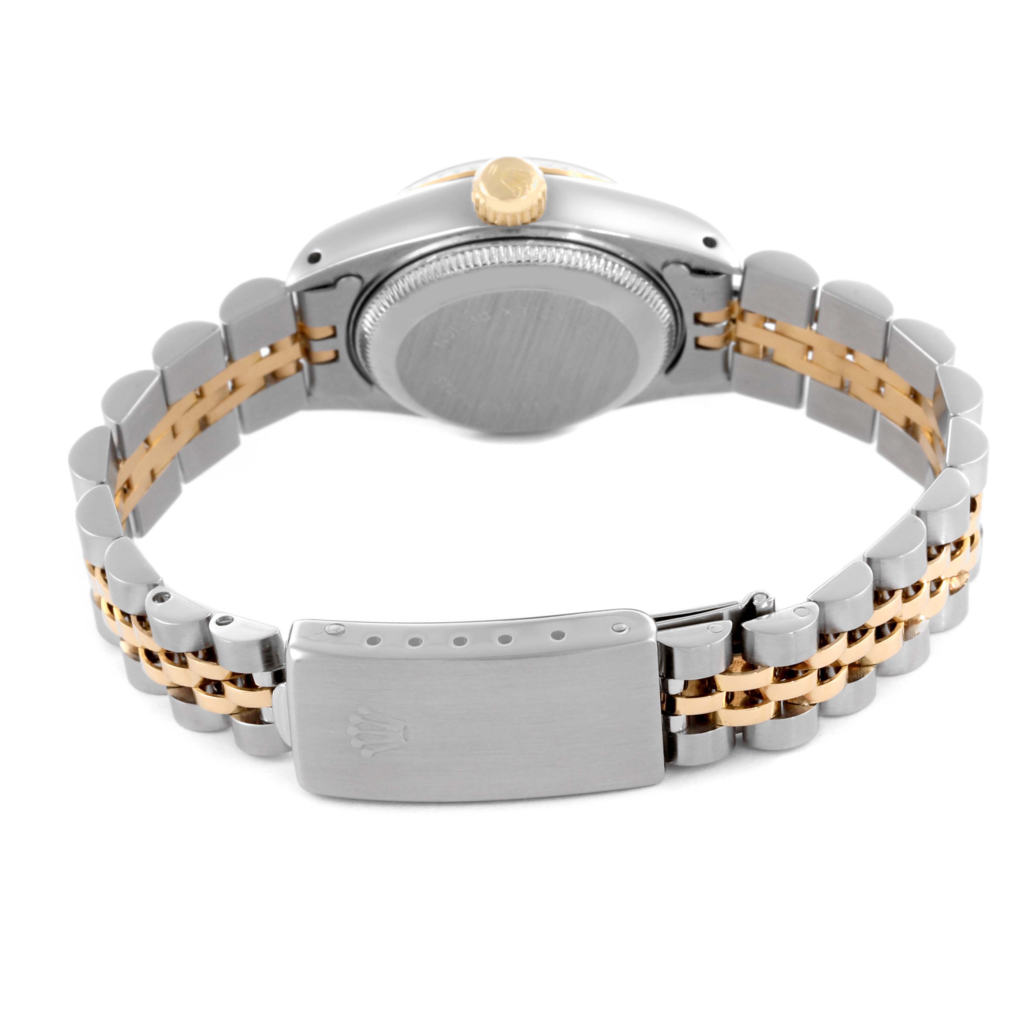 The image shows a Rolex Datejust 69173 Women's Steel and Gold (two tone) Champagne Dial 69173 Women's Steel and Gold (two tone) Champagne Dial watch from the back, highlighting the clasp and bracelet details.
