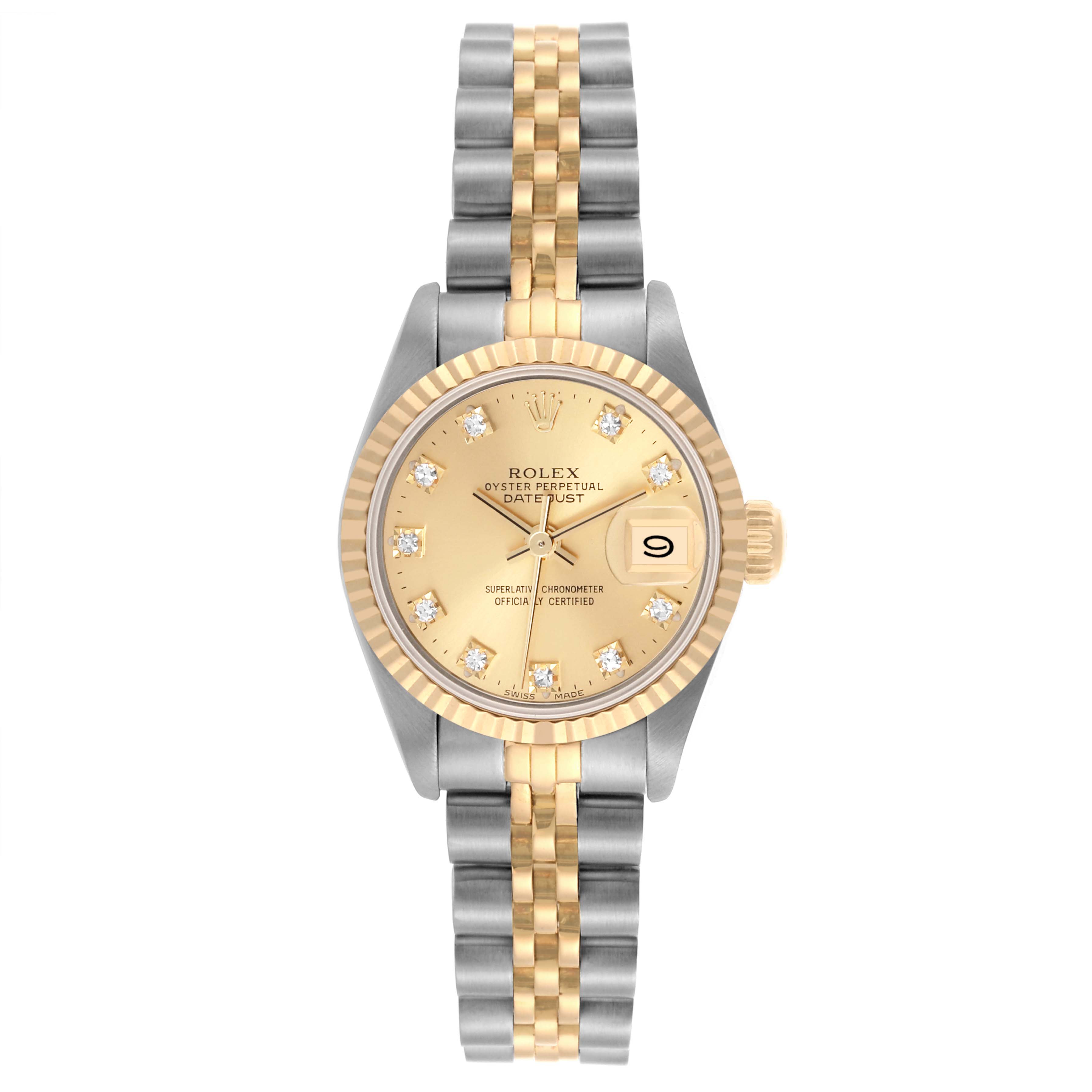 The Rolex Datejust 69173 Women's Steel and Gold (two tone) Champagne Dial 69173 Women's Steel and Gold (two tone) Champagne Dial is shown from a front angle, highlighting its dial, bezel, and bracelet.