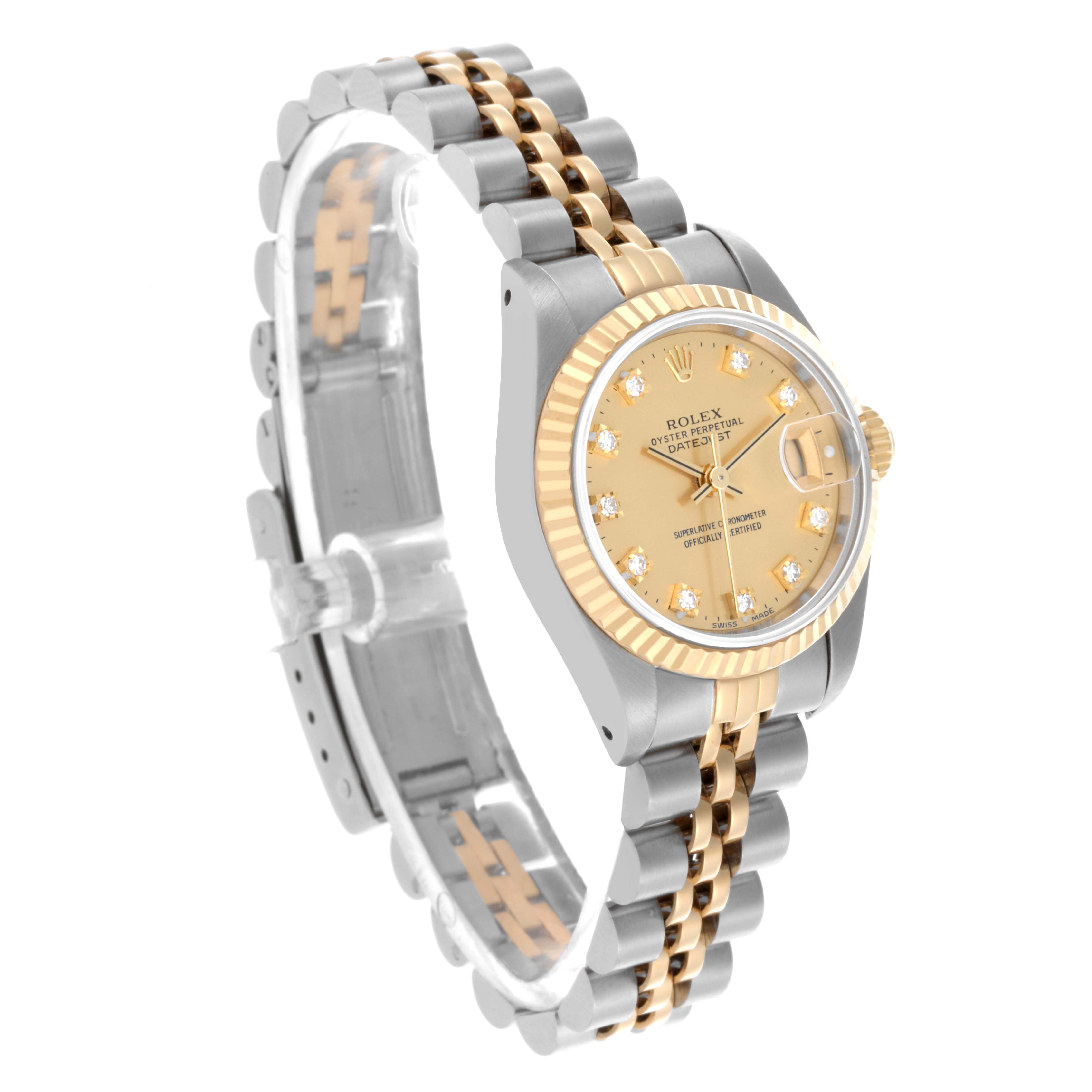 The Rolex Datejust 69173 Women's Steel and Gold (two tone) Champagne Dial 69173 Women's Steel and Gold (two tone) Champagne Dial watch is shown at an angled view, displaying the face, bezel, and two-tone bracelet.