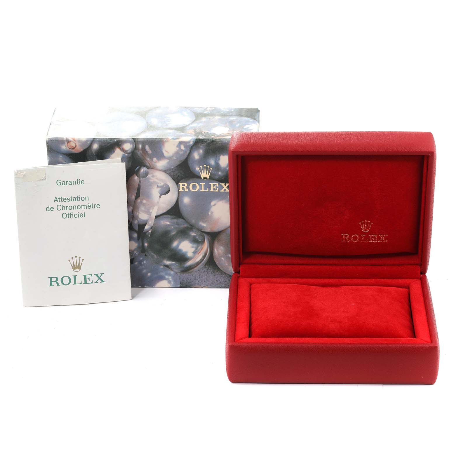 The image shows a Rolex Datejust 79173 Women's Steel and Gold (two tone) Champagne Dial 79173 Women's Steel and Gold (two tone) Champagne Dial packaging including a decorative outer box, a red display case, and a warranty booklet.
