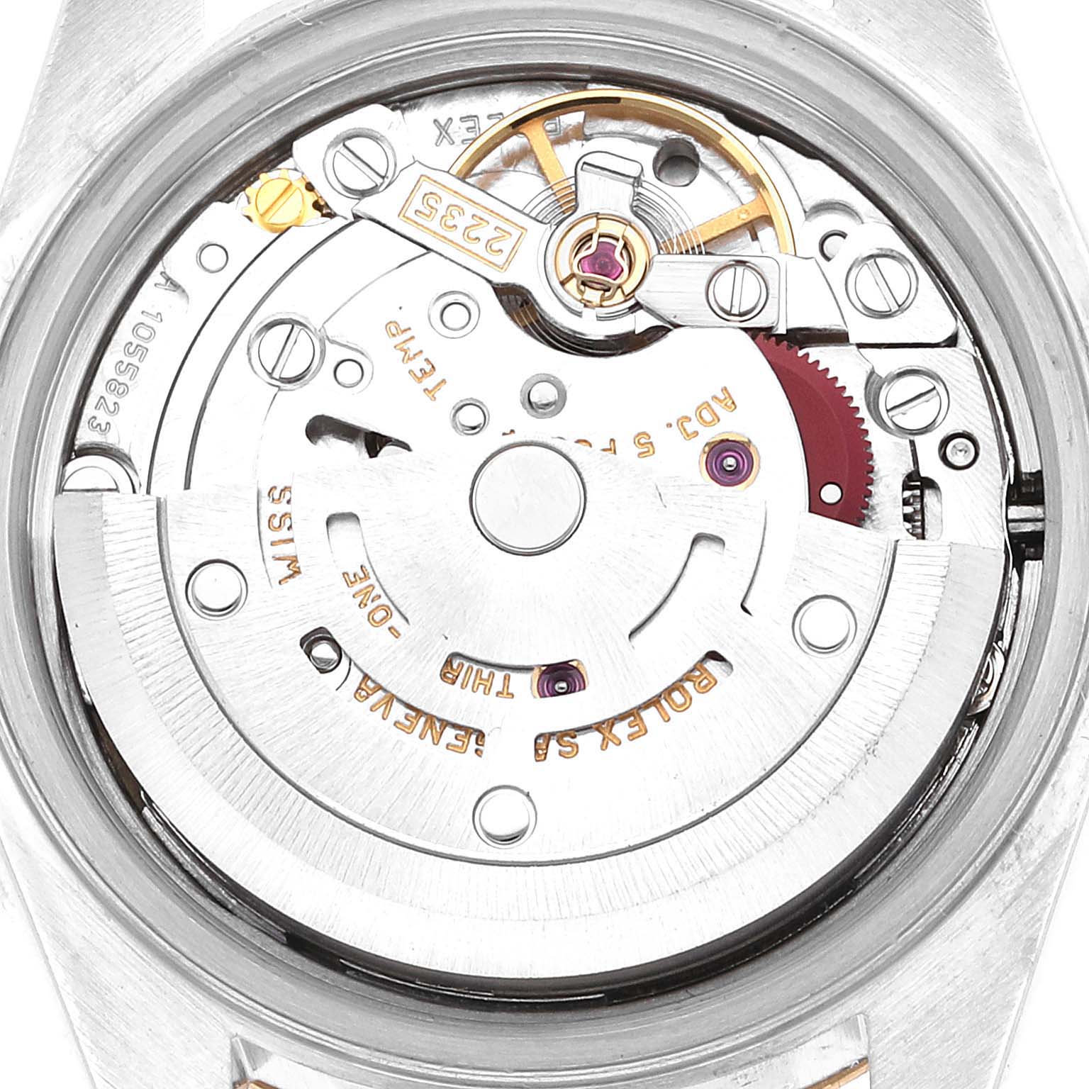 This image shows a close-up view of the movement mechanism of a Rolex Datejust 79173 Women's Steel and Gold (two tone) Champagne Dial 79173 Women's Steel and Gold (two tone) Champagne Dial watch.