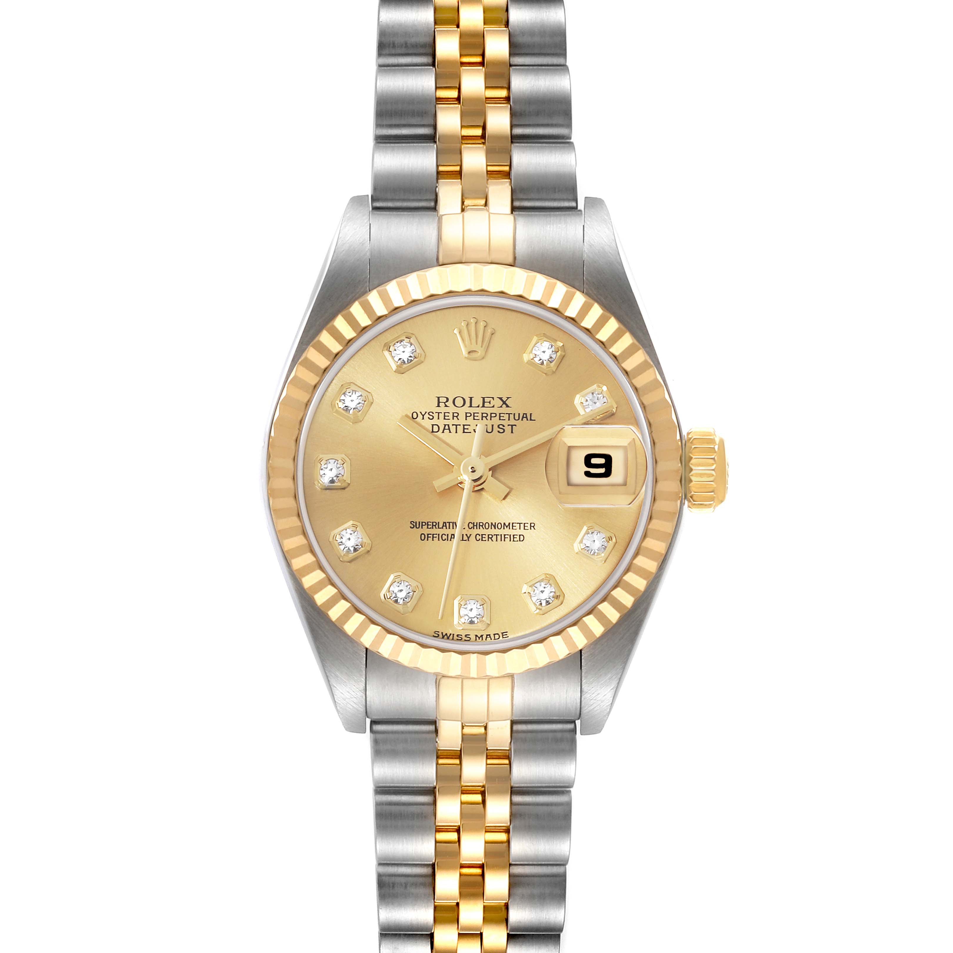 The image shows a front view of a Rolex Datejust 79173 Women's Steel and Gold (two tone) Champagne Dial 79173 Women's Steel and Gold (two tone) Champagne Dial watch with a gold and silver band and a champagne dial displaying the date.