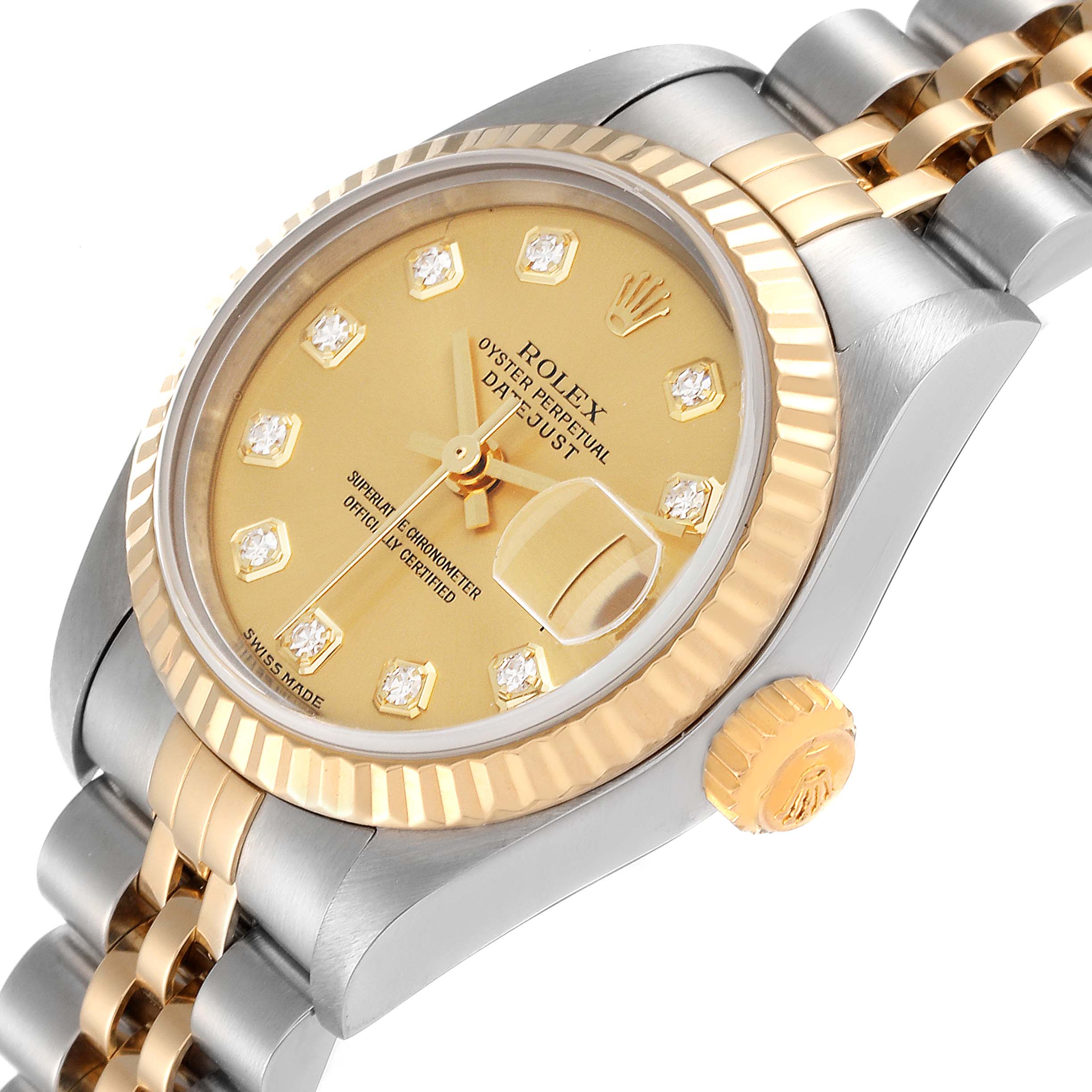 The image shows a close-up angled view of the Rolex Datejust 79173 Women's Steel and Gold (two tone) Champagne Dial 79173 Women's Steel and Gold (two tone) Champagne Dial watch, highlighting the dial, bezel, and part of the bracelet.