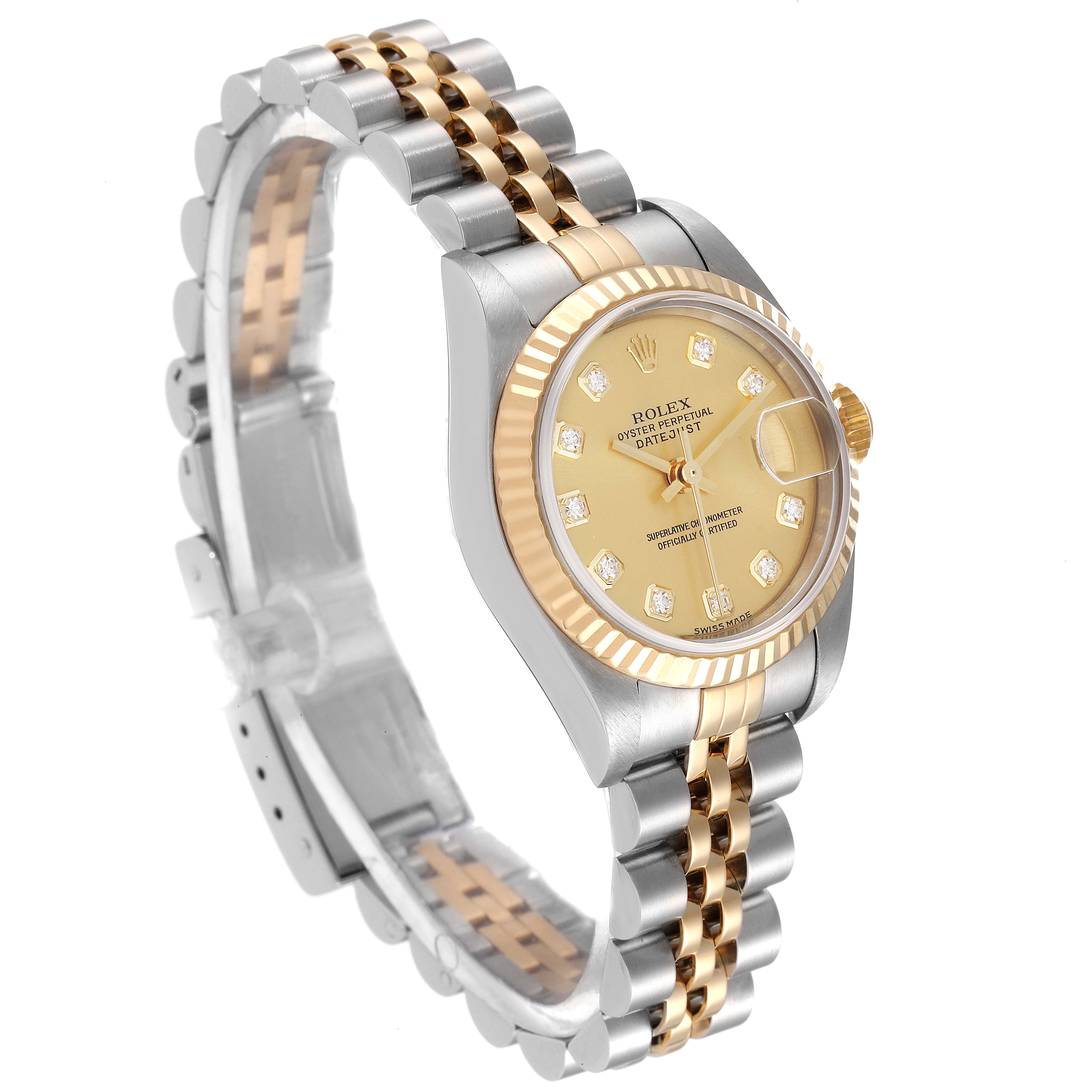 The image shows a side-angle view of a Rolex Datejust 79173 Women's Steel and Gold (two tone) Champagne Dial 79173 Women's Steel and Gold (two tone) Champagne Dial, highlighting its two-tone bracelet and diamond-accented dial.