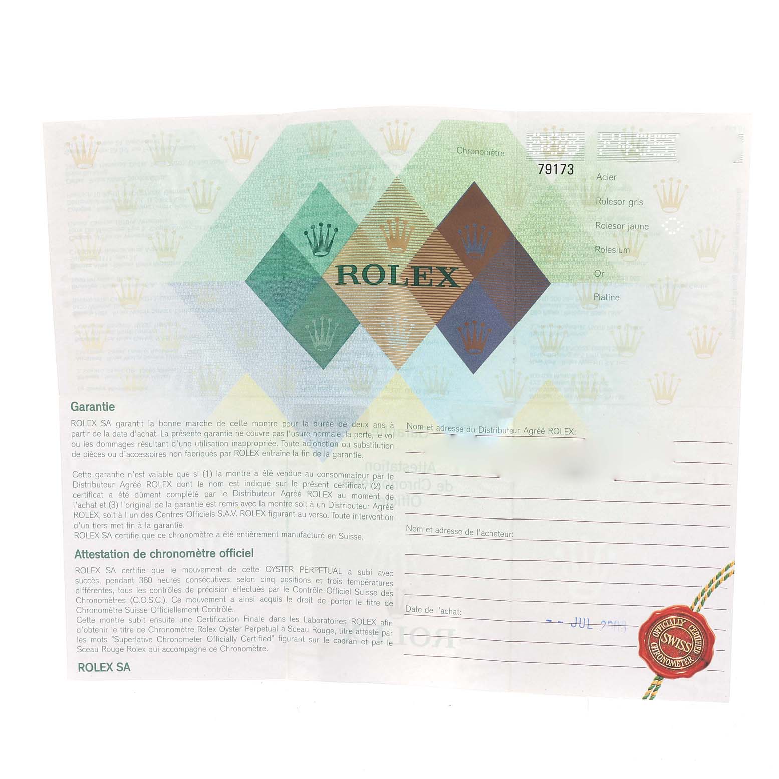The image shows the warranty and certification document for a Rolex Datejust 79173 Women's Steel and Gold (two tone) Champagne Dial 79173 Women's Steel and Gold (two tone) Champagne Dial watch.