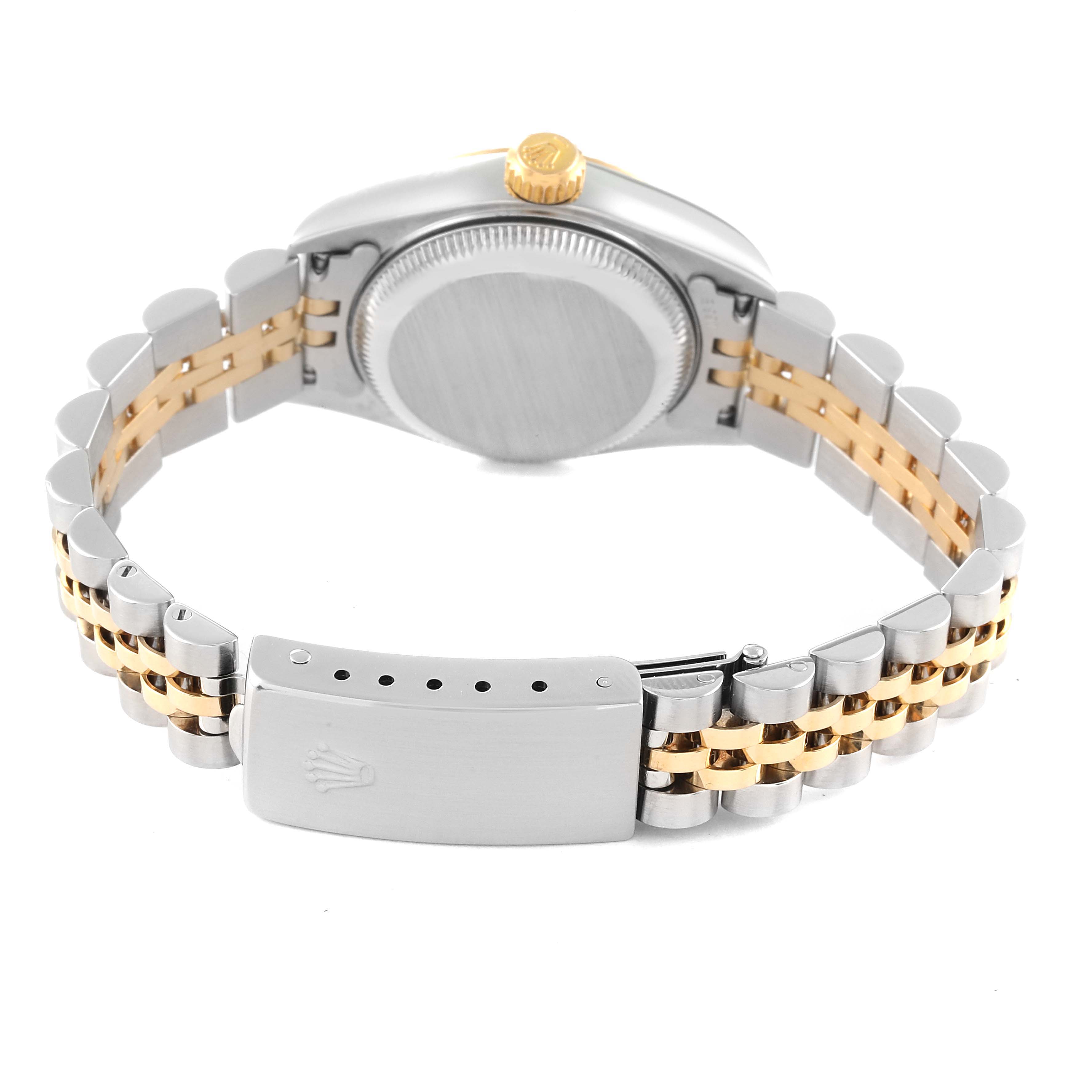 This image shows the back case and bracelet of a Rolex Datejust 79173 Women's Steel and Gold (two tone) Champagne Dial 79173 Women's Steel and Gold (two tone) Champagne Dial watch, highlighting the clasp and crown.