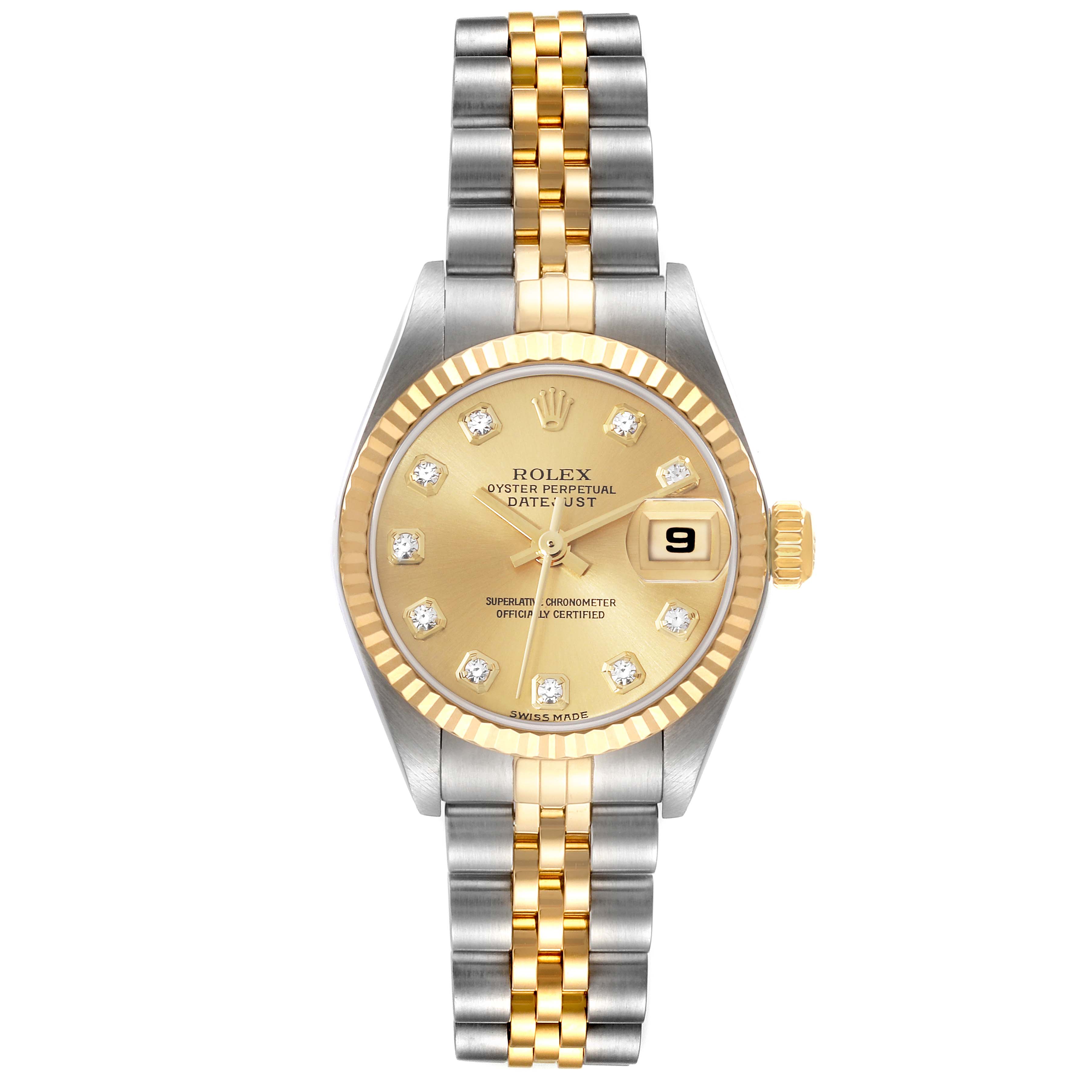 This Rolex Datejust 79173 Women's Steel and Gold (two tone) Champagne Dial 79173 Women's Steel and Gold (two tone) Champagne Dial watch is shown from a top-down angle, displaying the face, dial, date window, and bracelet.