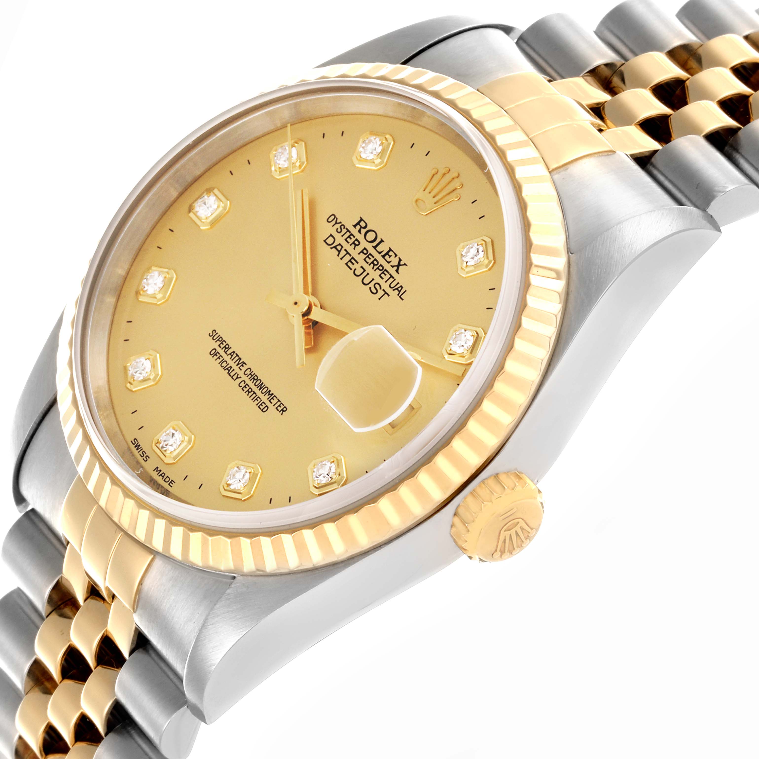 The Rolex Datejust 16233 Men
s Steel and Gold (two tone) Champagne Dial 16233 Men
s Steel and Gold (two tone) Champagne Dial watch is shown from an angled side view, highlighting the face, bezel, crown, and bracelet.