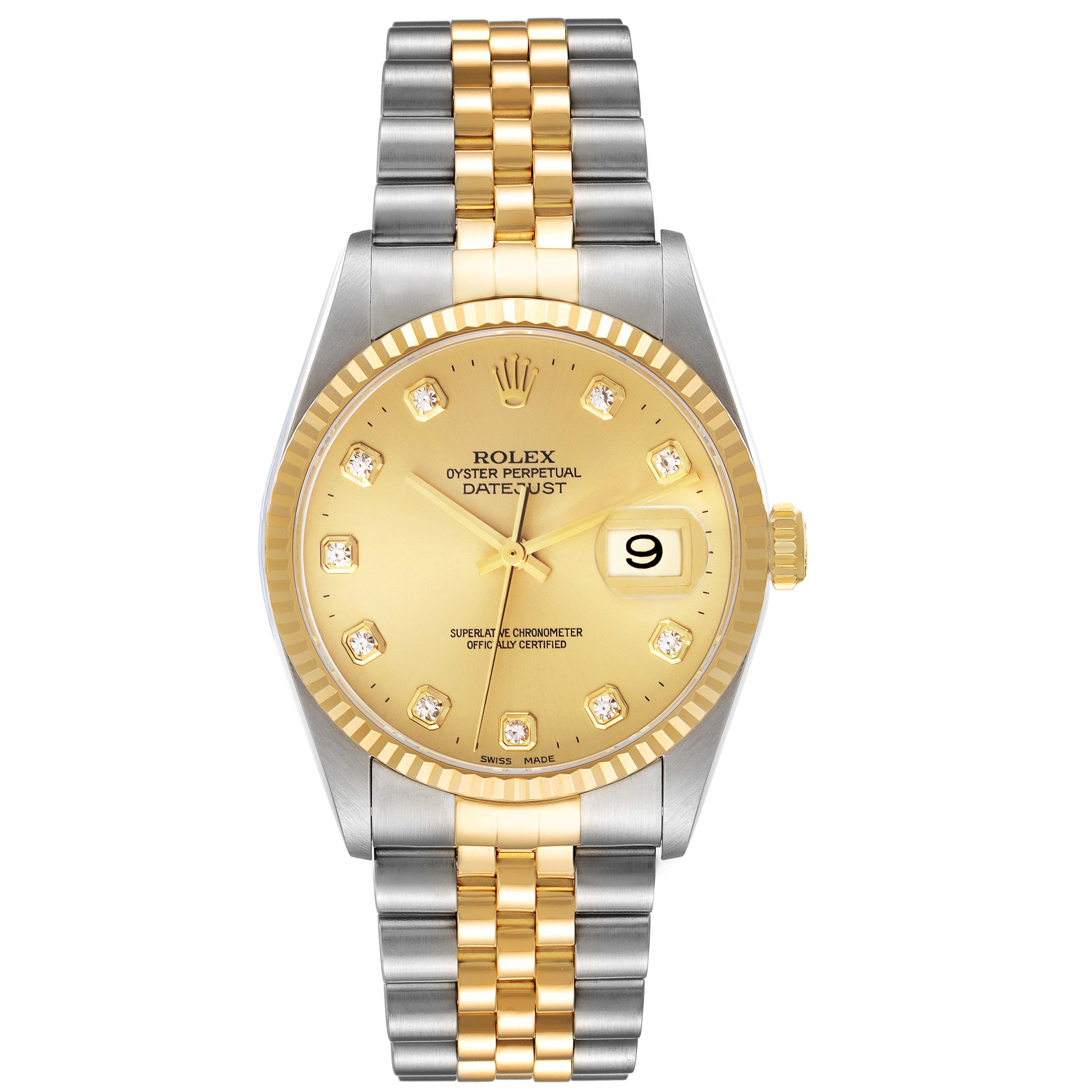 The Rolex Datejust 16233 Men
s Steel and Gold (two tone) Champagne Dial 16233 Men
s Steel and Gold (two tone) Champagne Dial watch is shown from the front, displaying the dial, hands, bezel, and bracelet.
