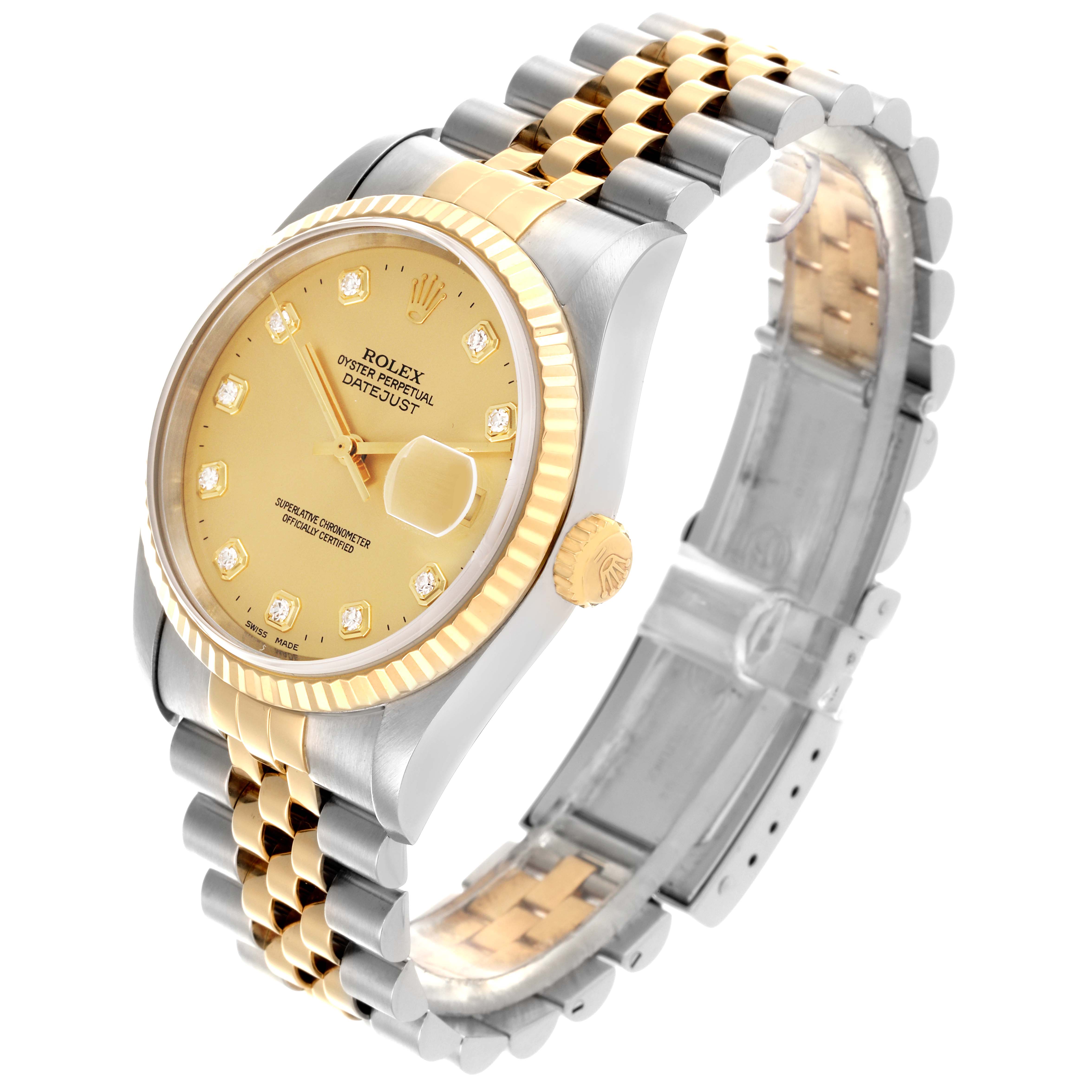 The image shows a Rolex Datejust 16233 Men
s Steel and Gold (two tone) Champagne Dial 16233 Men
s Steel and Gold (two tone) Champagne Dial watch at a three-quarter angle, highlighting the dial, bezel, and bracelet.