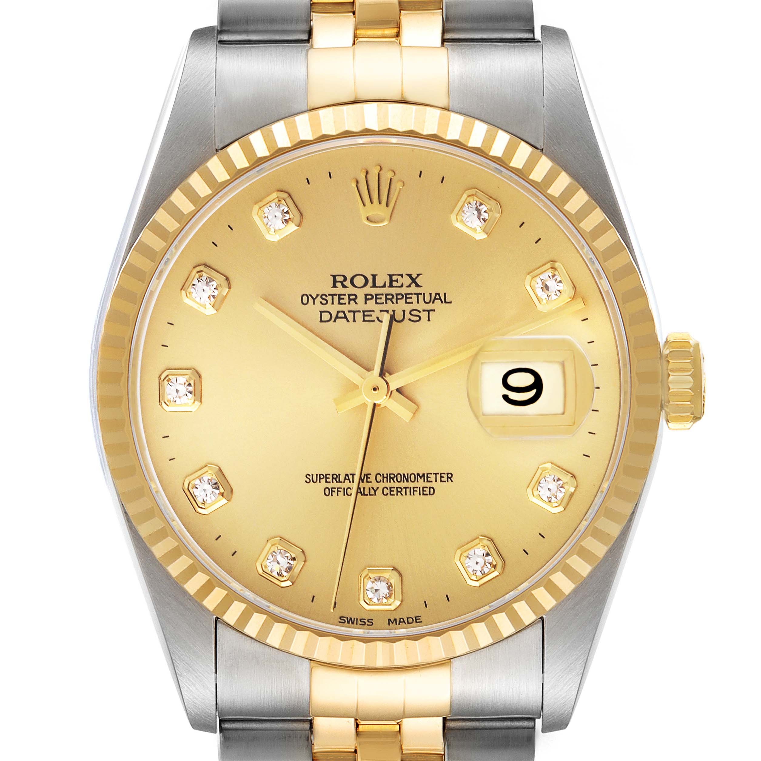 The Rolex Datejust 16233 Men
s Steel and Gold (two tone) Champagne Dial 16233 Men
s Steel and Gold (two tone) Champagne Dial watch is shown from the front, highlighting the dial, bezel, crown, and part of the bracelet.