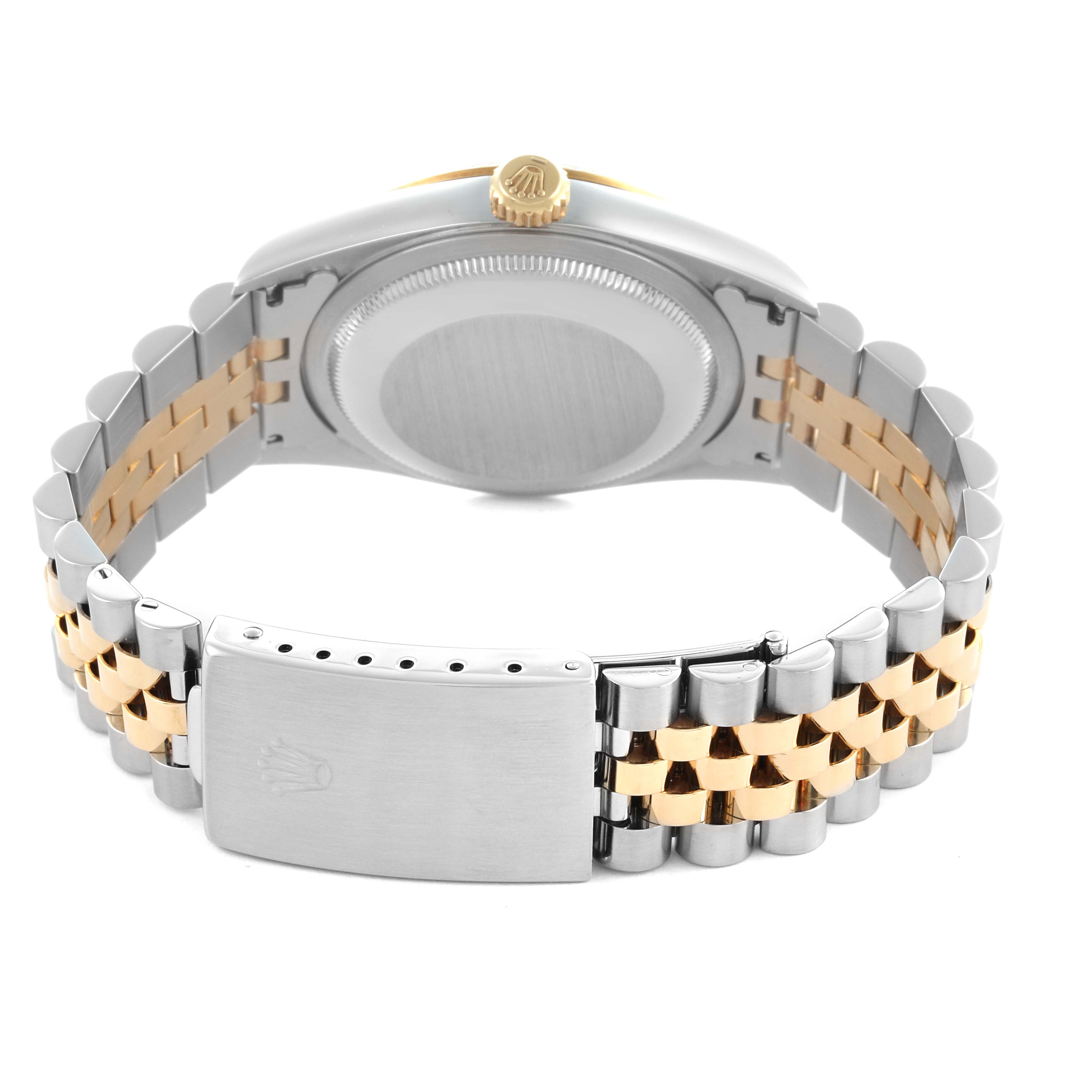 The Rolex Datejust 16233 Men
s Steel and Gold (two tone) Champagne Dial 16233 Men
s Steel and Gold (two tone) Champagne Dial watch is shown from the back, highlighting the clasp, bracelet, and case back.