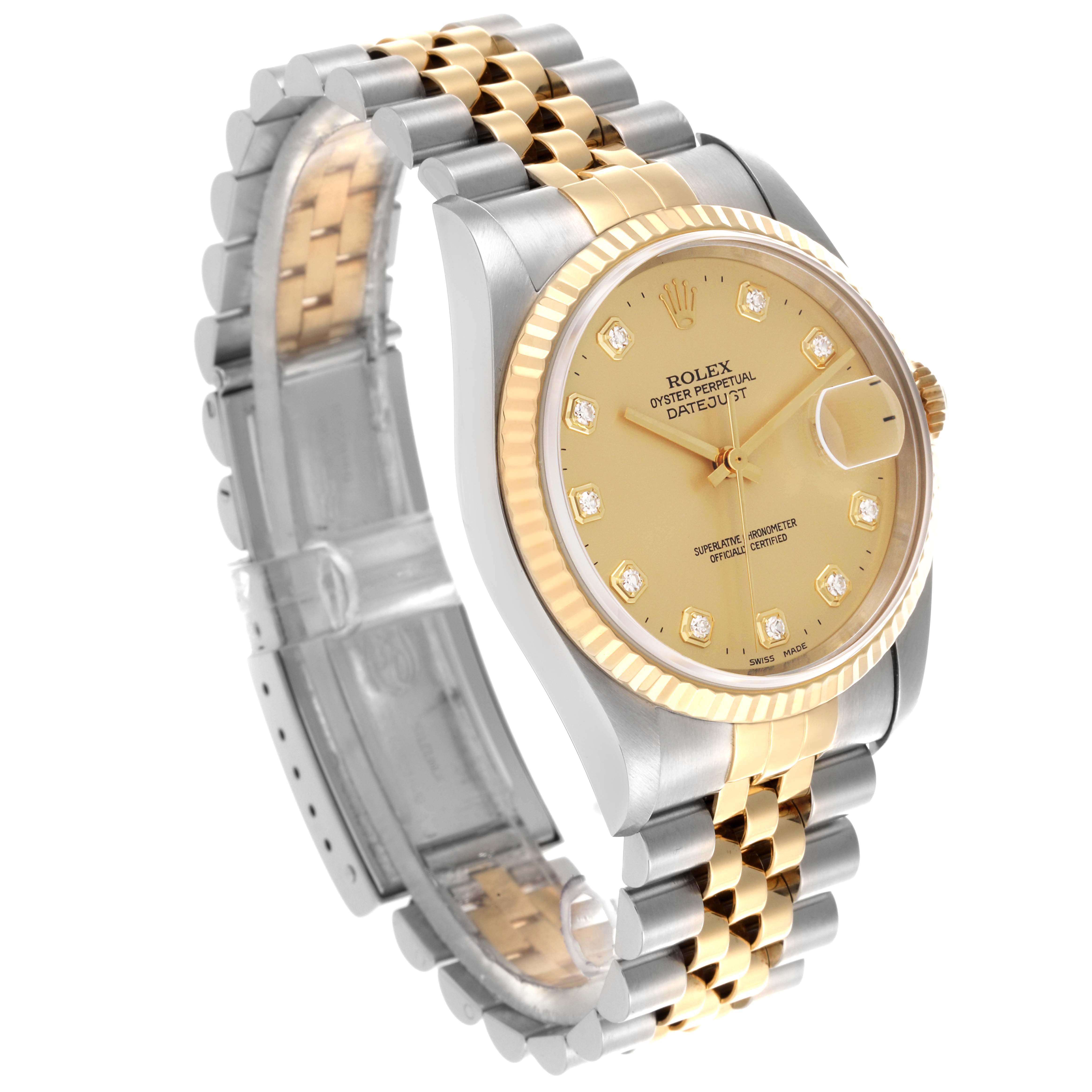 The Rolex Datejust 16233 Men
s Steel and Gold (two tone) Champagne Dial 16233 Men
s Steel and Gold (two tone) Champagne Dial watch is shown at an angle highlighting the face, bracelet, and crown, featuring a two-tone design.