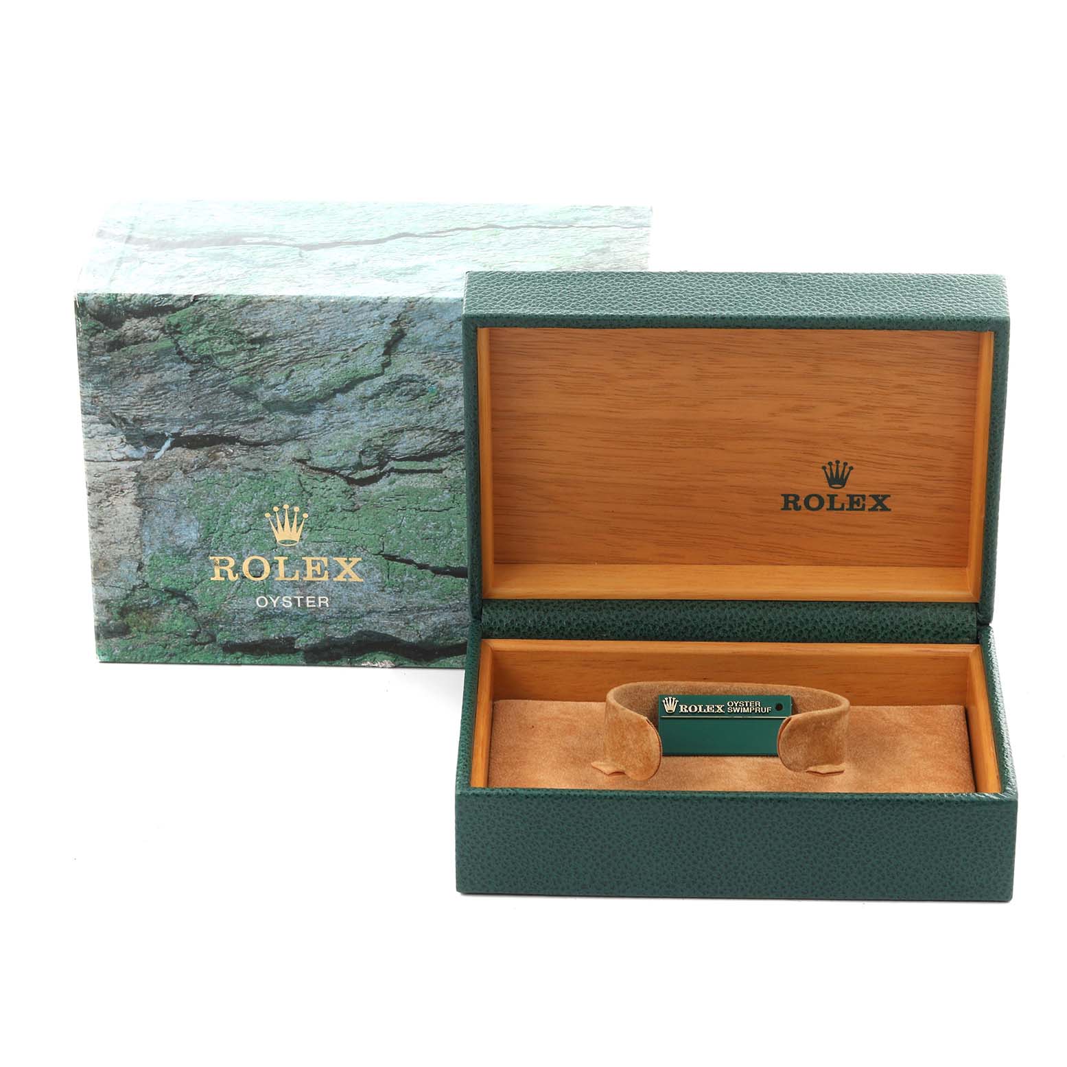 The image shows an open Rolex Datejust 16233 Men
s Steel and Gold (two tone) Champagne Dial 16233 Men
s Steel and Gold (two tone) Champagne Dial box with a green and wood interior, viewed from the front.