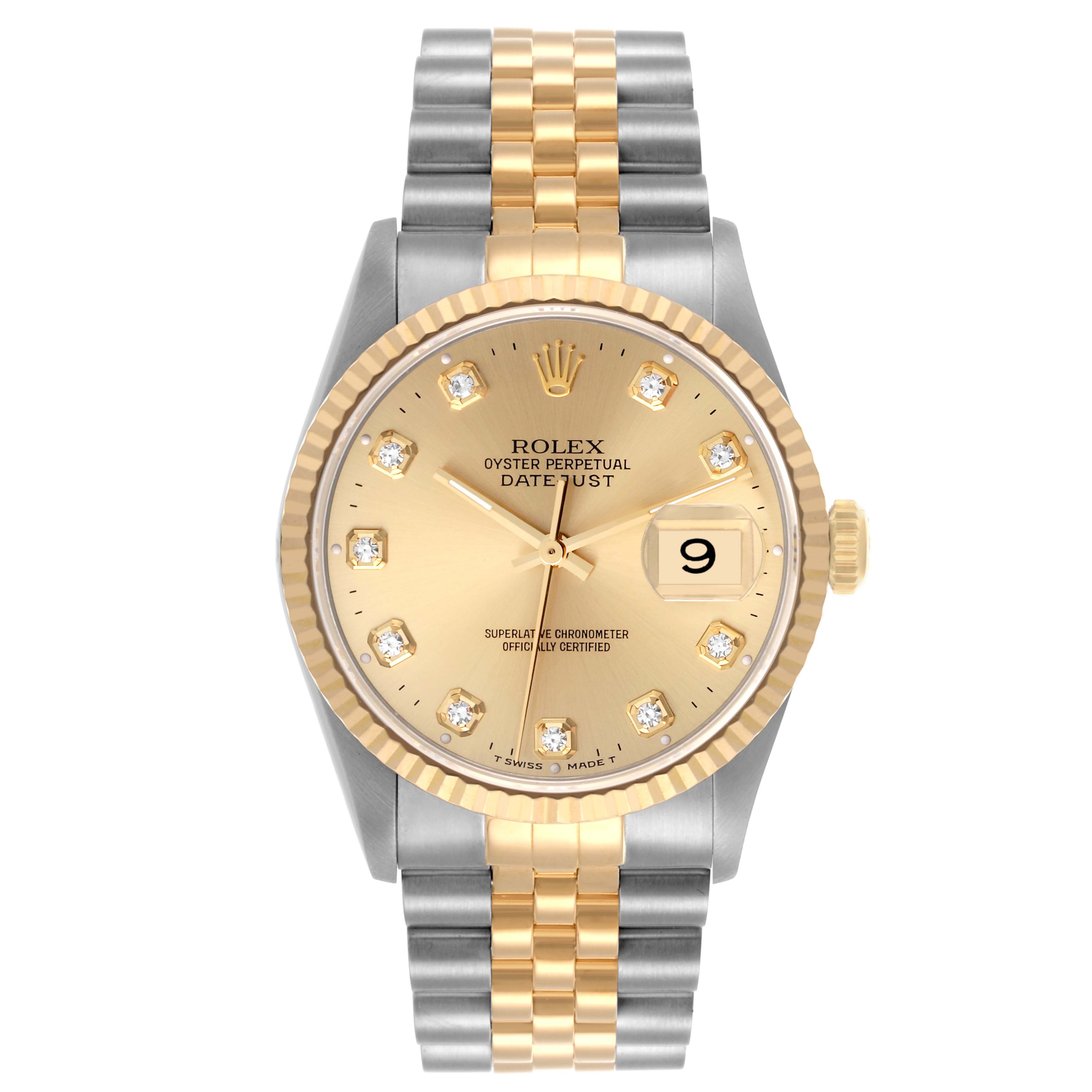 The Rolex Datejust 16233 Men
s Steel and Gold (two tone) Champagne Dial 16233 Men
s Steel and Gold (two tone) Champagne Dial watch is shown from the front, highlighting its face, bezel, crown, and bracelet.