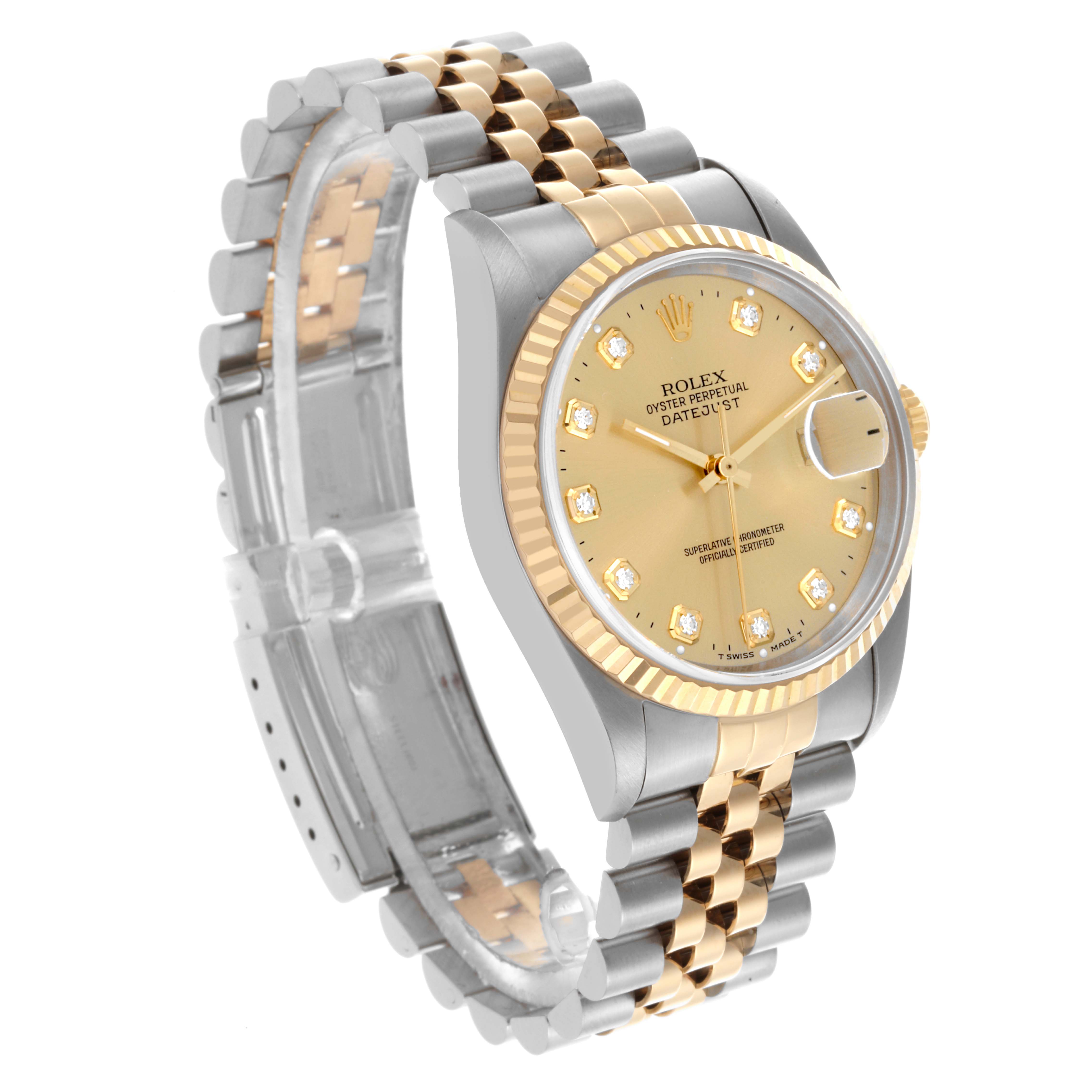 The Rolex Datejust 16233 Men
s Steel and Gold (two tone) Champagne Dial 16233 Men
s Steel and Gold (two tone) Champagne Dial is shown at a three-quarter angle, highlighting the dial, bezel, and bracelet.