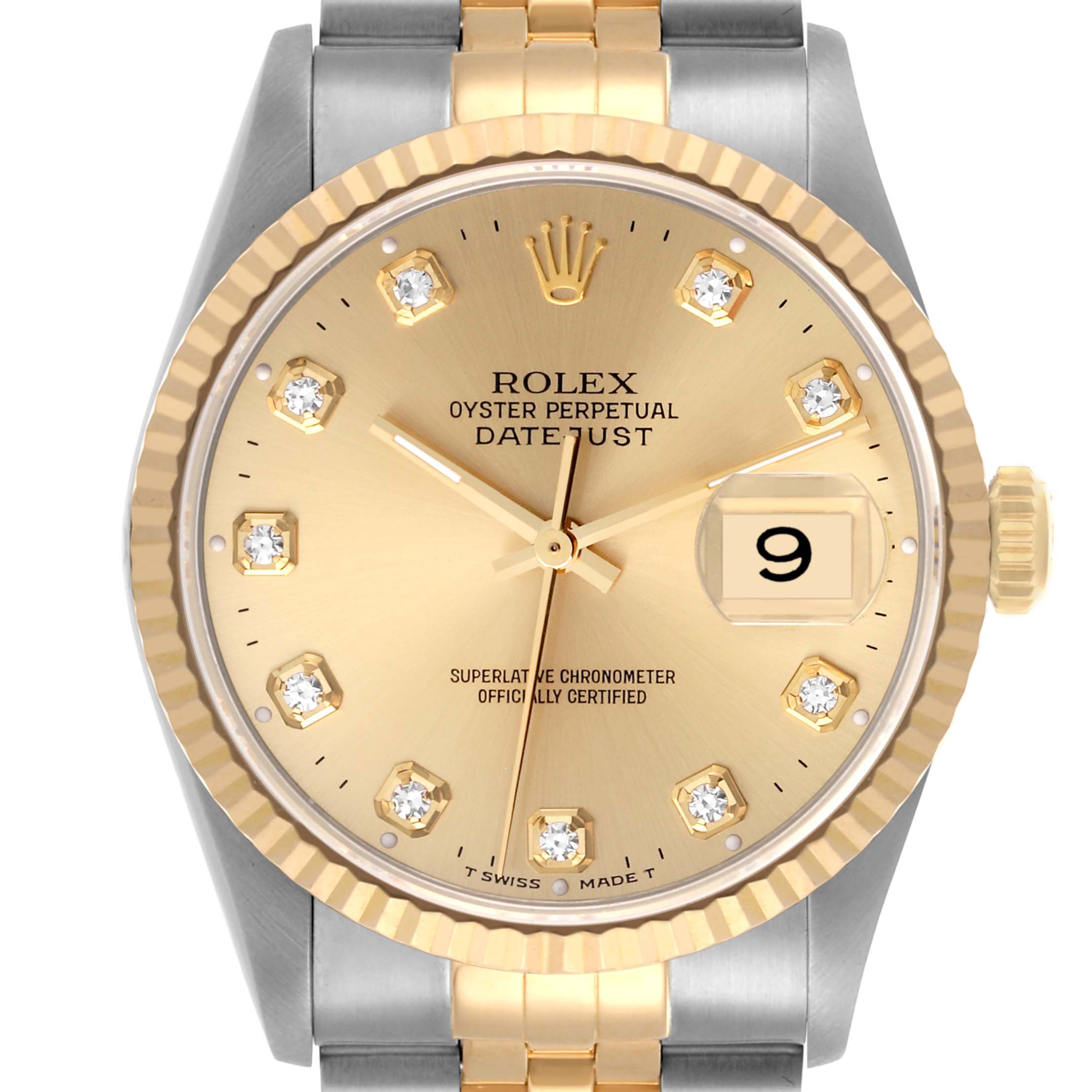 The Rolex Datejust 16233 Men
s Steel and Gold (two tone) Champagne Dial 16233 Men
s Steel and Gold (two tone) Champagne Dial watch is shown from the front, displaying the dial, hands, bezel, and partial bracelet.