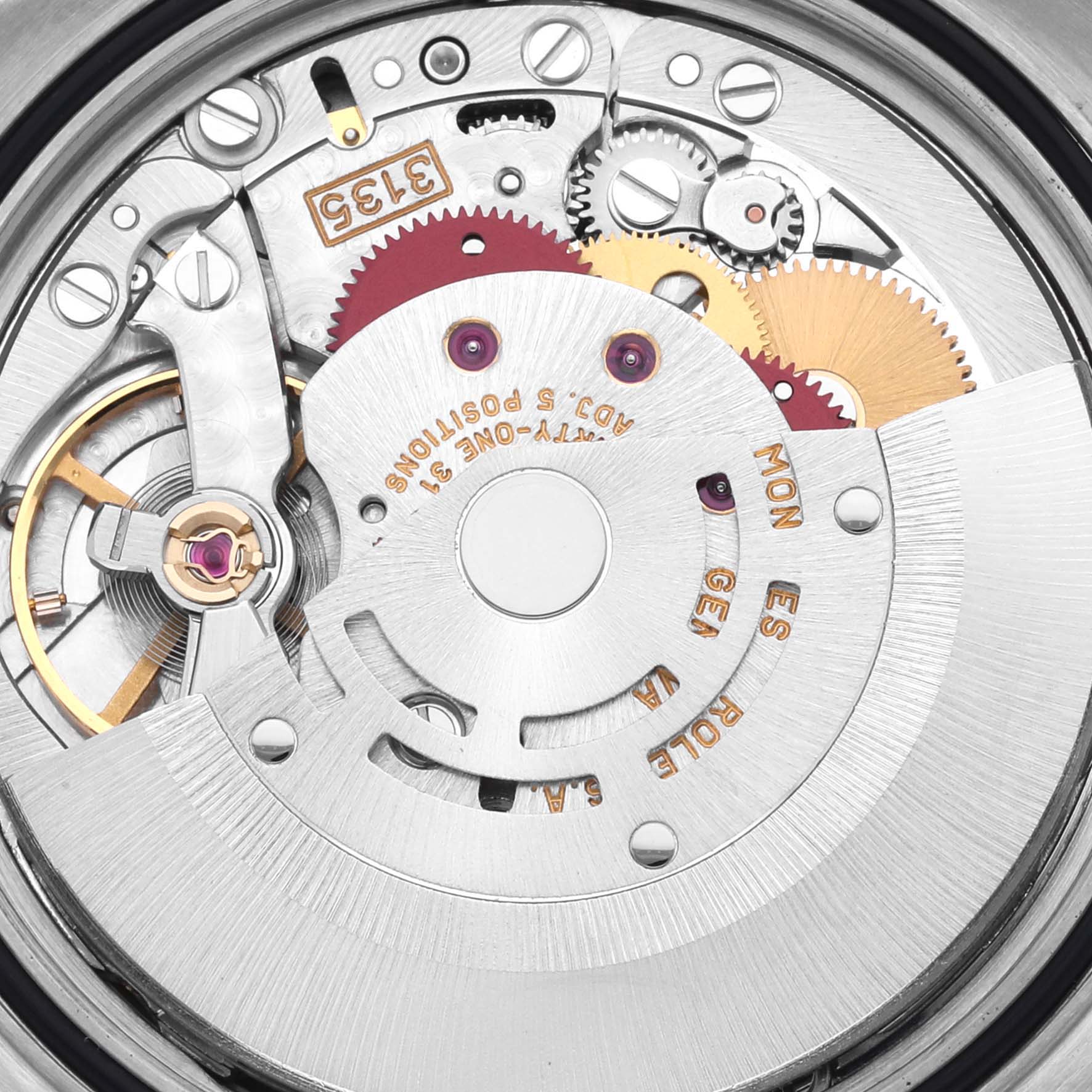 This is a close-up view of the Rolex Datejust 16233 Men
s Steel and Gold (two tone) Champagne Dial 16233 Men
s Steel and Gold (two tone) Champagne Dial movement, showcasing its intricate gears and rotor components.