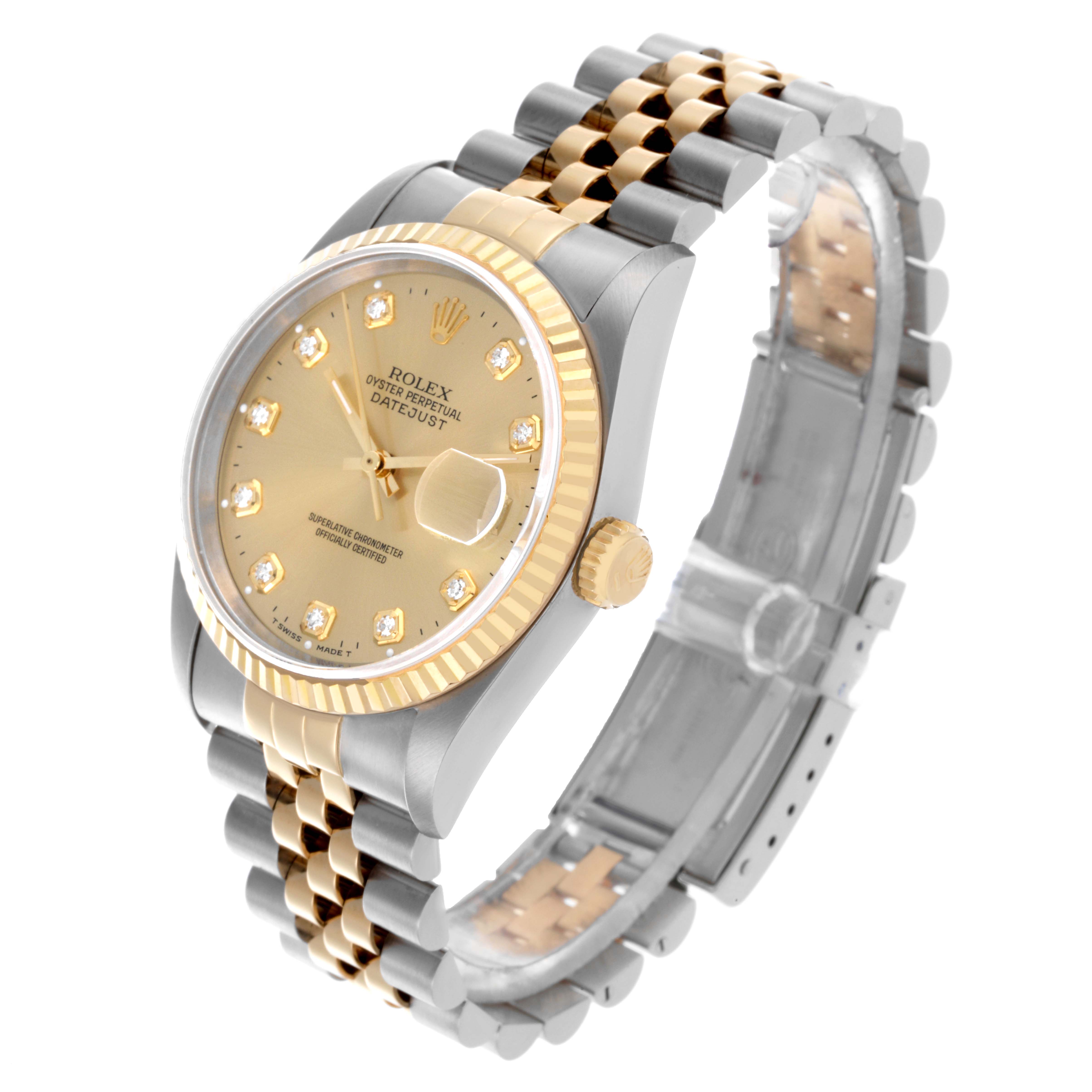 The Rolex Datejust 16233 Men
s Steel and Gold (two tone) Champagne Dial 16233 Men
s Steel and Gold (two tone) Champagne Dial watch is shown at an angled view, highlighting the face, bezel, and two-tone bracelet.