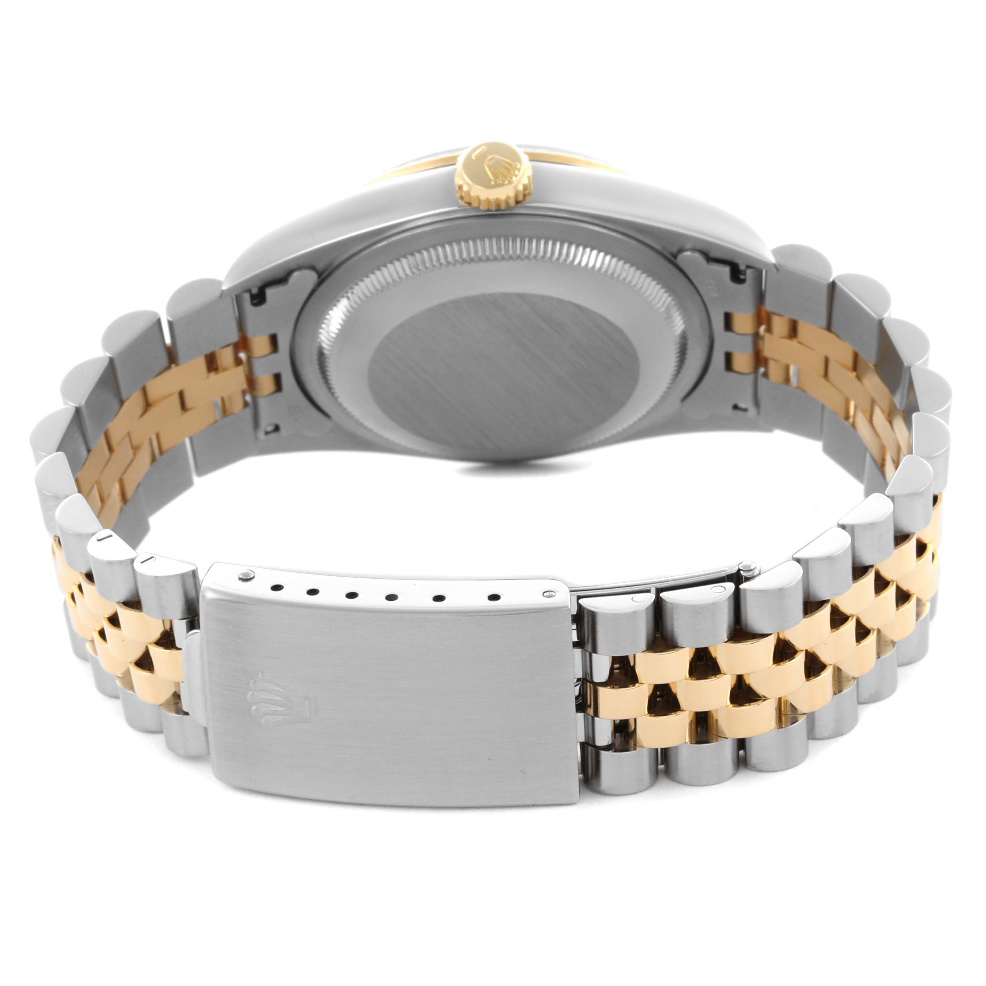 The image shows the back and clasp of a Rolex Datejust 16233 Men
s Steel and Gold (two tone) Champagne Dial 16233 Men
s Steel and Gold (two tone) Champagne Dial watch with a two-tone bracelet.
