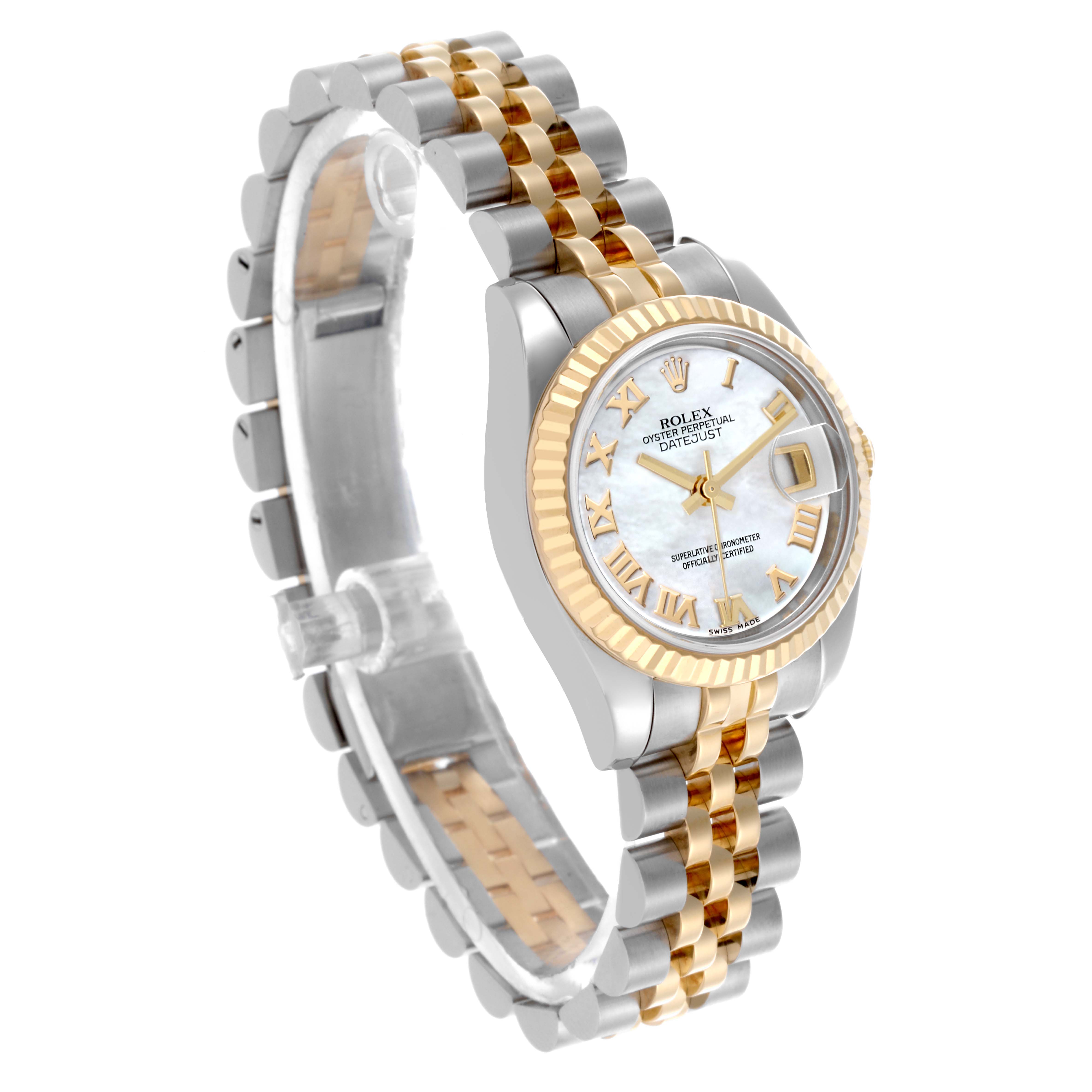 The image shows a side angle of a Rolex Datejust 179173 Women's Steel and Gold (two tone) Mother of Pearl Dial 179173 Women's Steel and Gold (two tone) Mother of Pearl Dial watch, highlighting the face, bezel, and dual-tone bracelet.