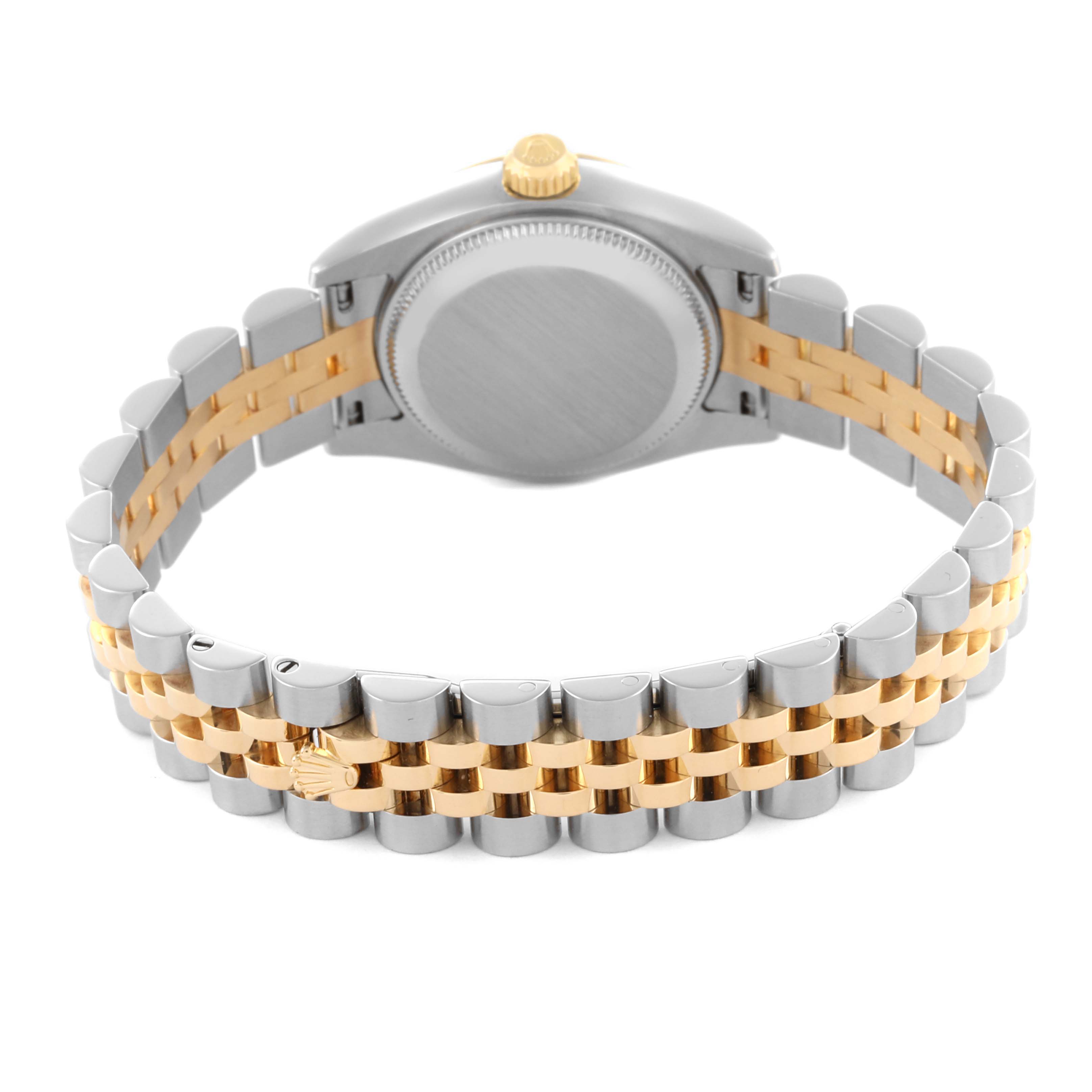 The image shows the back view of the Rolex Datejust 179173 Women's Steel and Gold (two tone) Mother of Pearl Dial 179173 Women's Steel and Gold (two tone) Mother of Pearl Dial with a focus on the two-tone bracelet and case back.