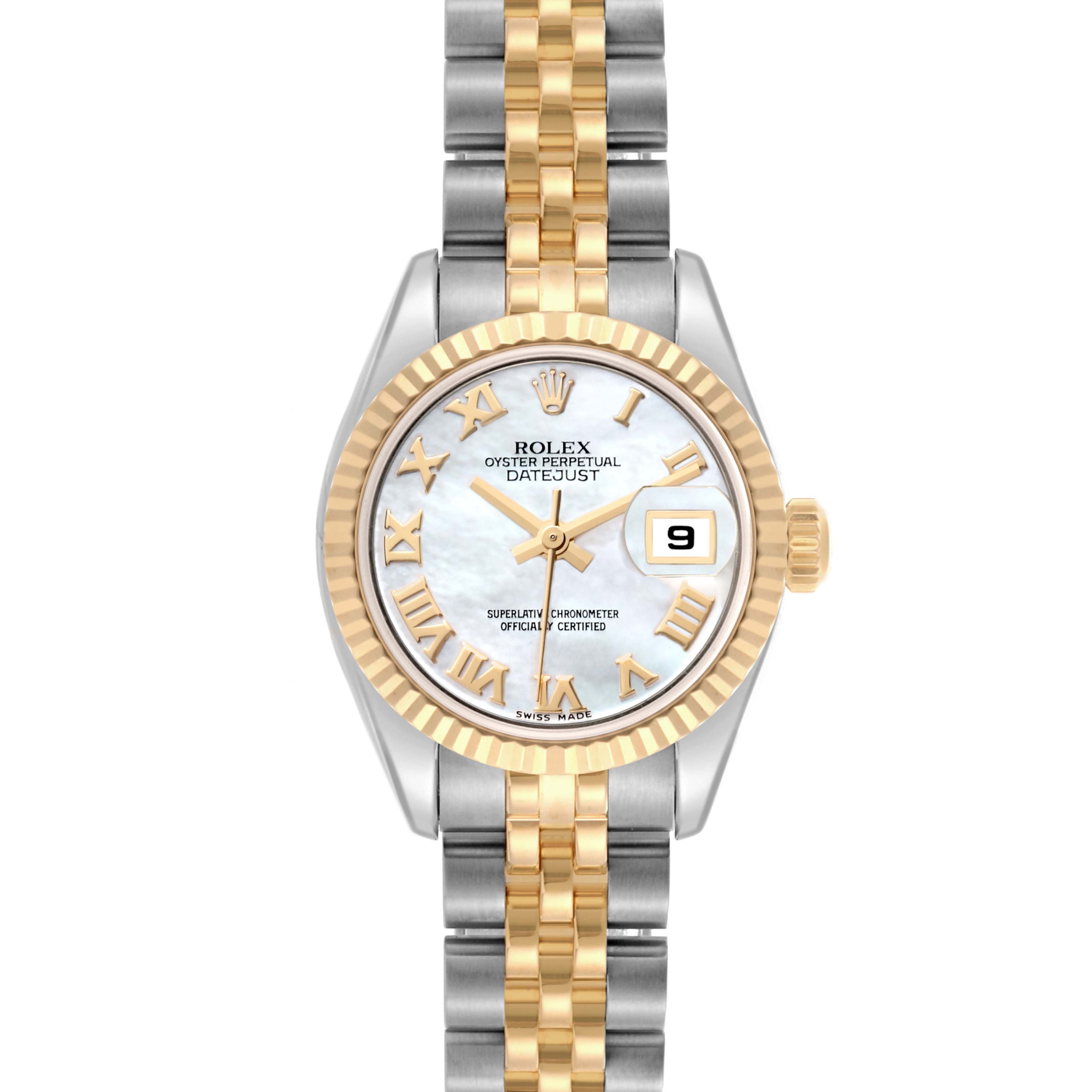 The Rolex Datejust 179173 Women's Steel and Gold (two tone) Mother of Pearl Dial 179173 Women's Steel and Gold (two tone) Mother of Pearl Dial watch is shown from the front, displaying its dial, bezel, and part of the two-tone bracelet.