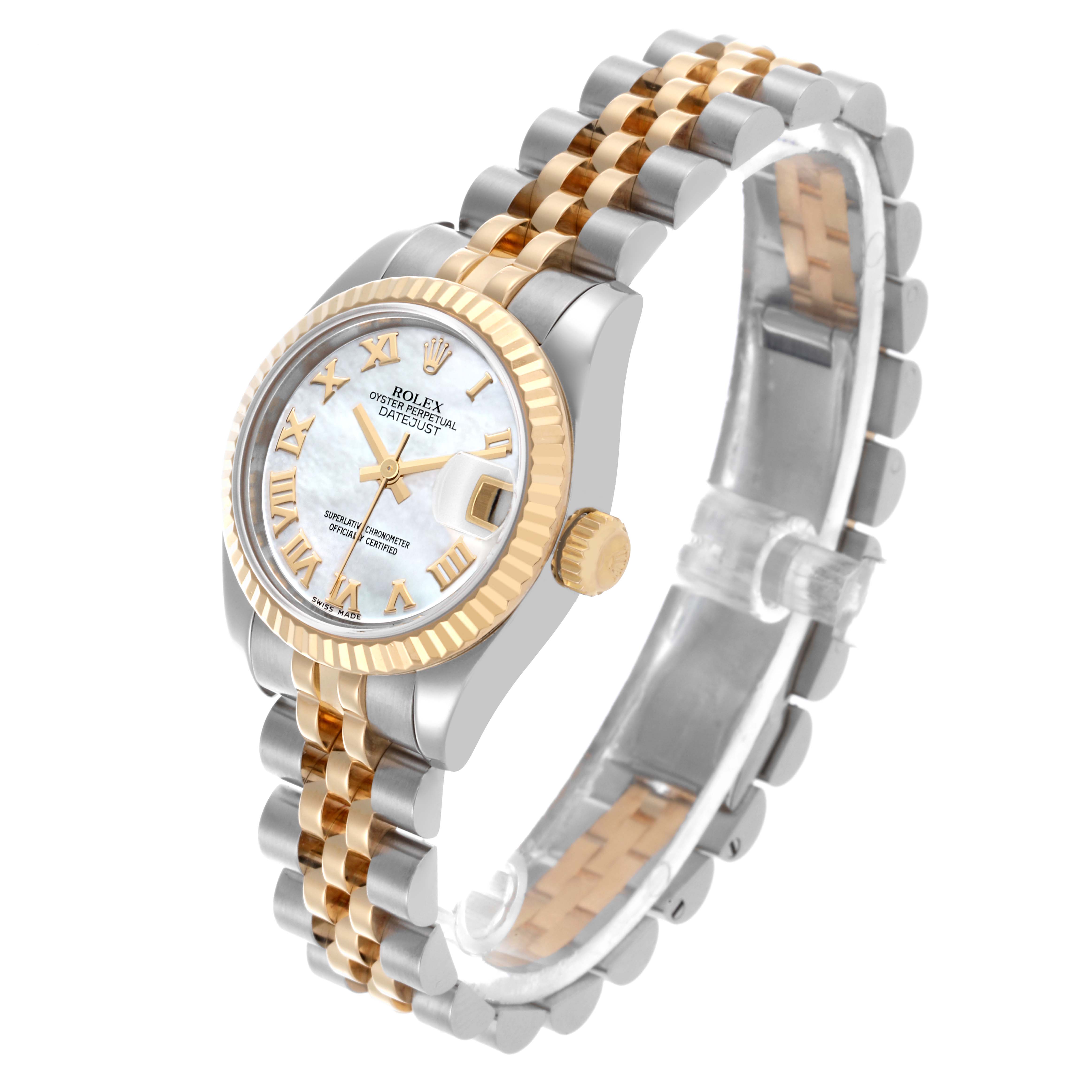 The Rolex Datejust 179173 Women's Steel and Gold (two tone) Mother of Pearl Dial 179173 Women's Steel and Gold (two tone) Mother of Pearl Dial watch is shown at a three-quarter angle highlighting the face, bezel, and two-tone bracelet.