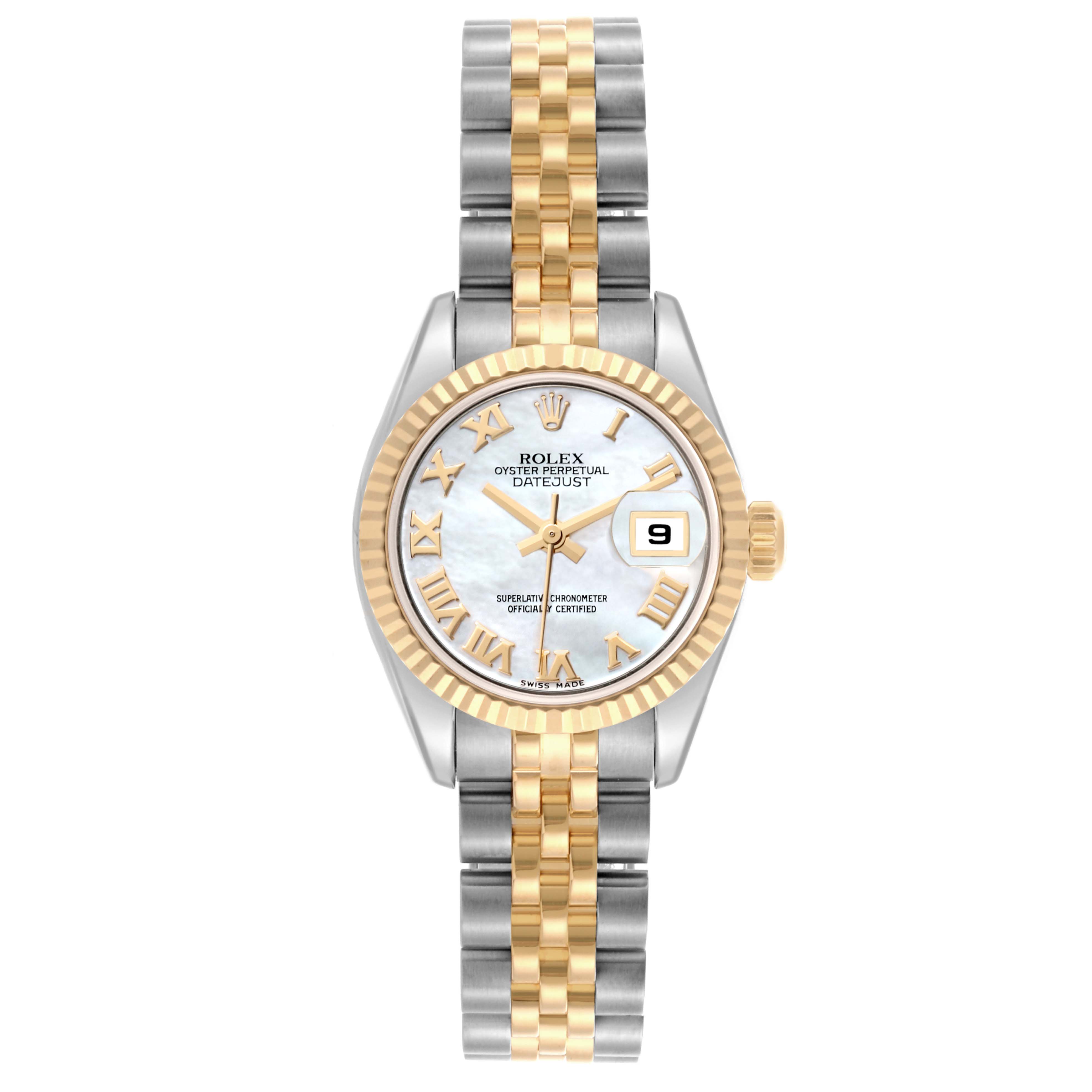 The Rolex Datejust 179173 Women's Steel and Gold (two tone) Mother of Pearl Dial 179173 Women's Steel and Gold (two tone) Mother of Pearl Dial watch is shown from a top-down angle, highlighting the dial, bezel, and two-tone bracelet.