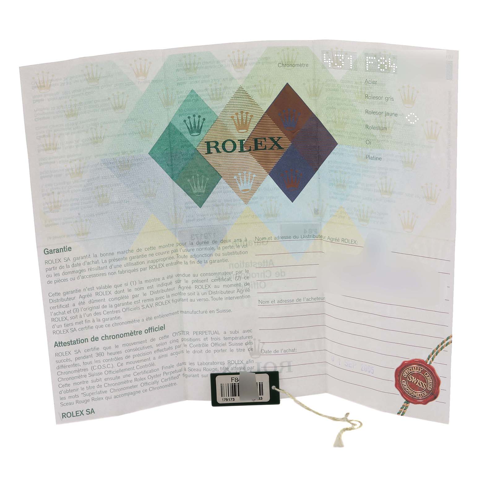 This image shows the warranty and authenticity papers for a Rolex Datejust 179173 Women's Steel and Gold (two tone) Mother of Pearl Dial 179173 Women's Steel and Gold (two tone) Mother of Pearl Dial watch.