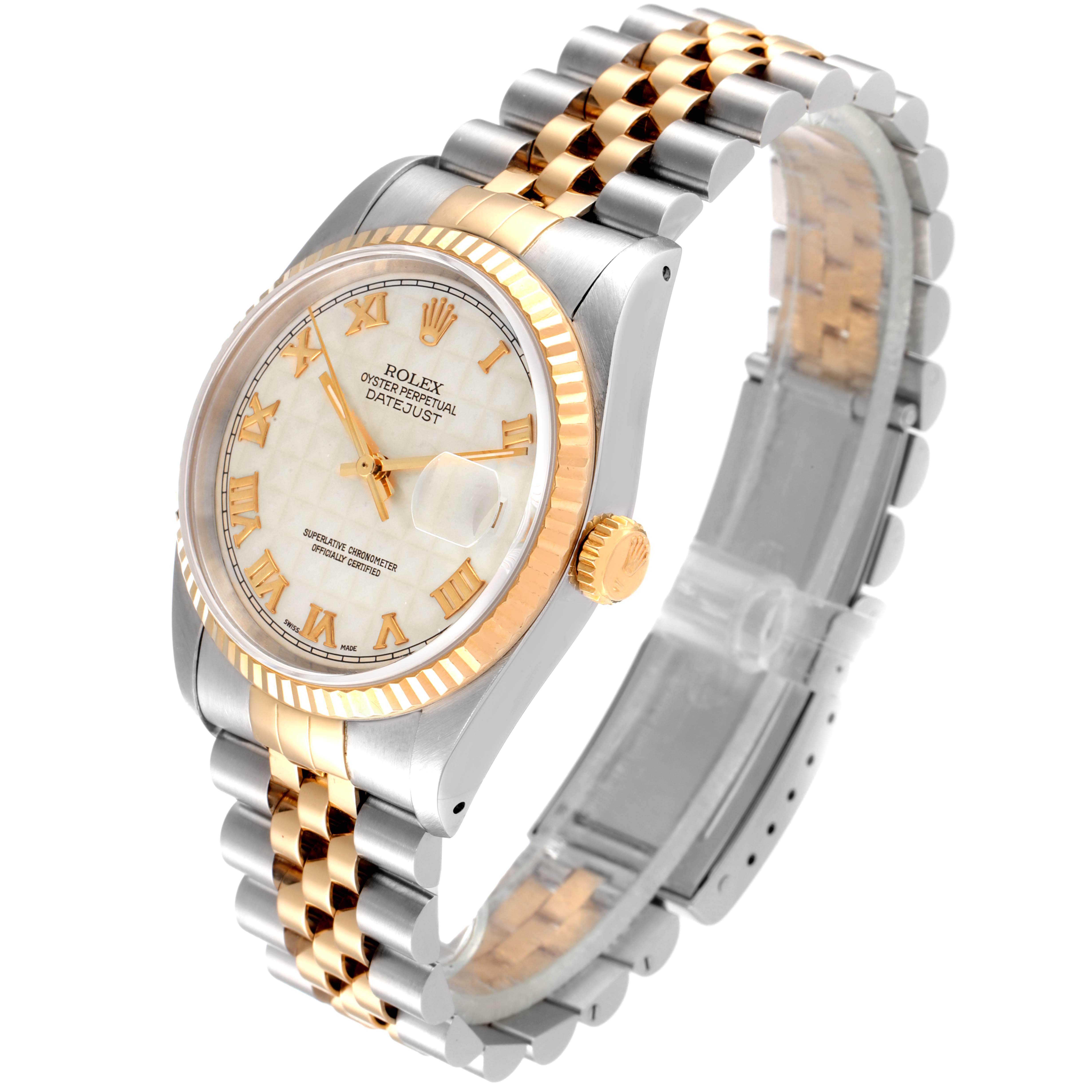 The image shows a Rolex Datejust 16233 Men's Steel and Gold (two tone) Beige Dial 16233 Men's Steel and Gold (two tone) Beige Dial watch at an angle displaying its gold and silver band, dial, bezel, and crown.