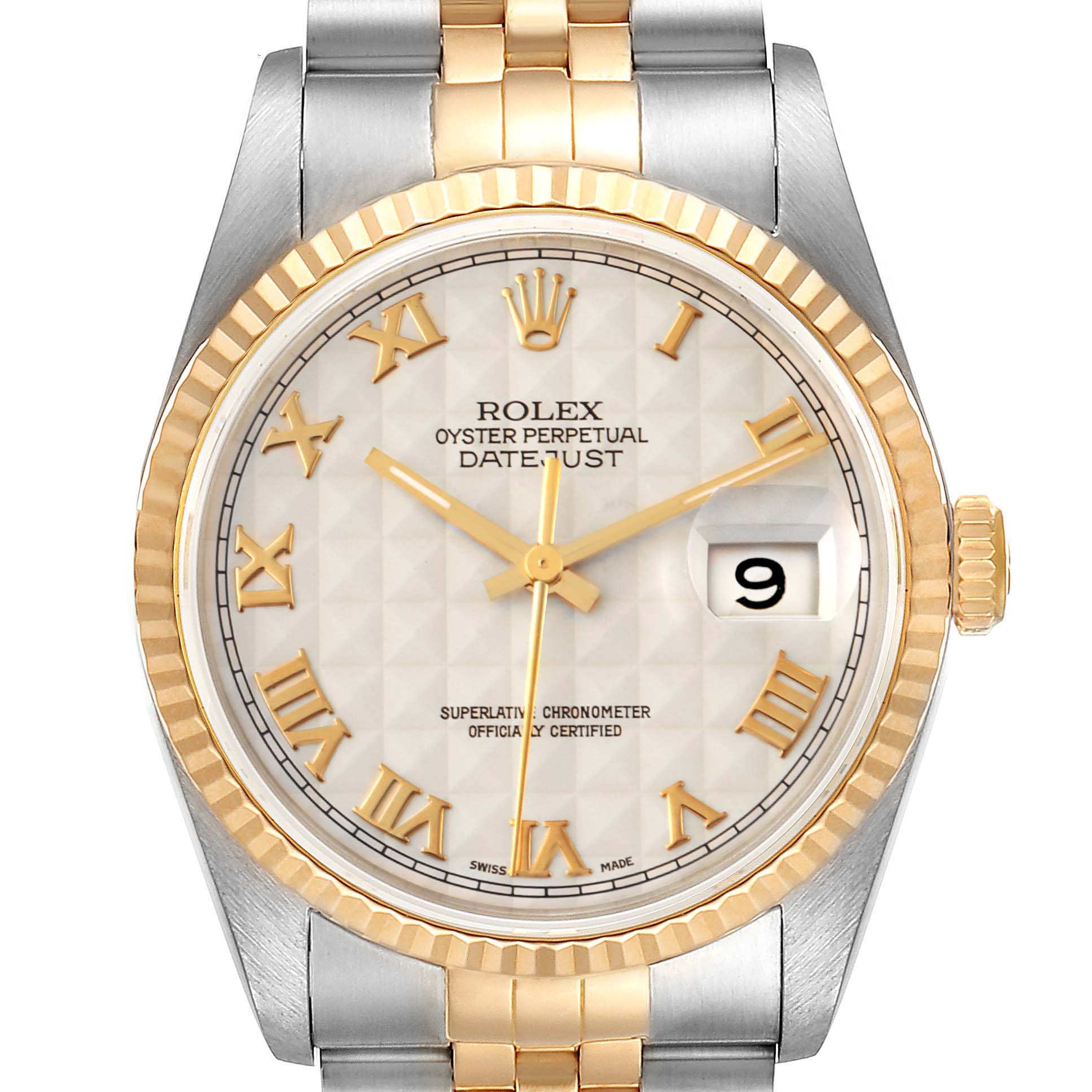 The image shows a Rolex Datejust 16233 Men's Steel and Gold (two tone) Beige Dial 16233 Men's Steel and Gold (two tone) Beige Dial watch from a frontal angle, highlighting the dial, bezel, and bracelet.