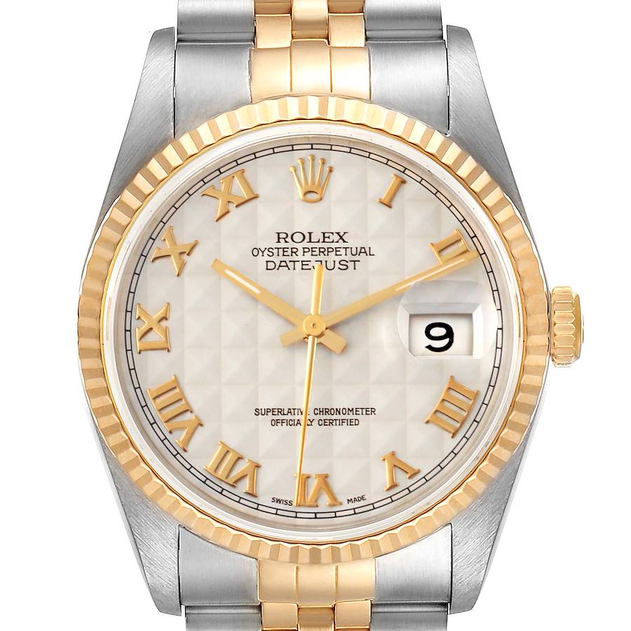Rolex Datejust Steel Yellow Gold Pyramid Roman Dial Watch 16233 SwissWatchExpo