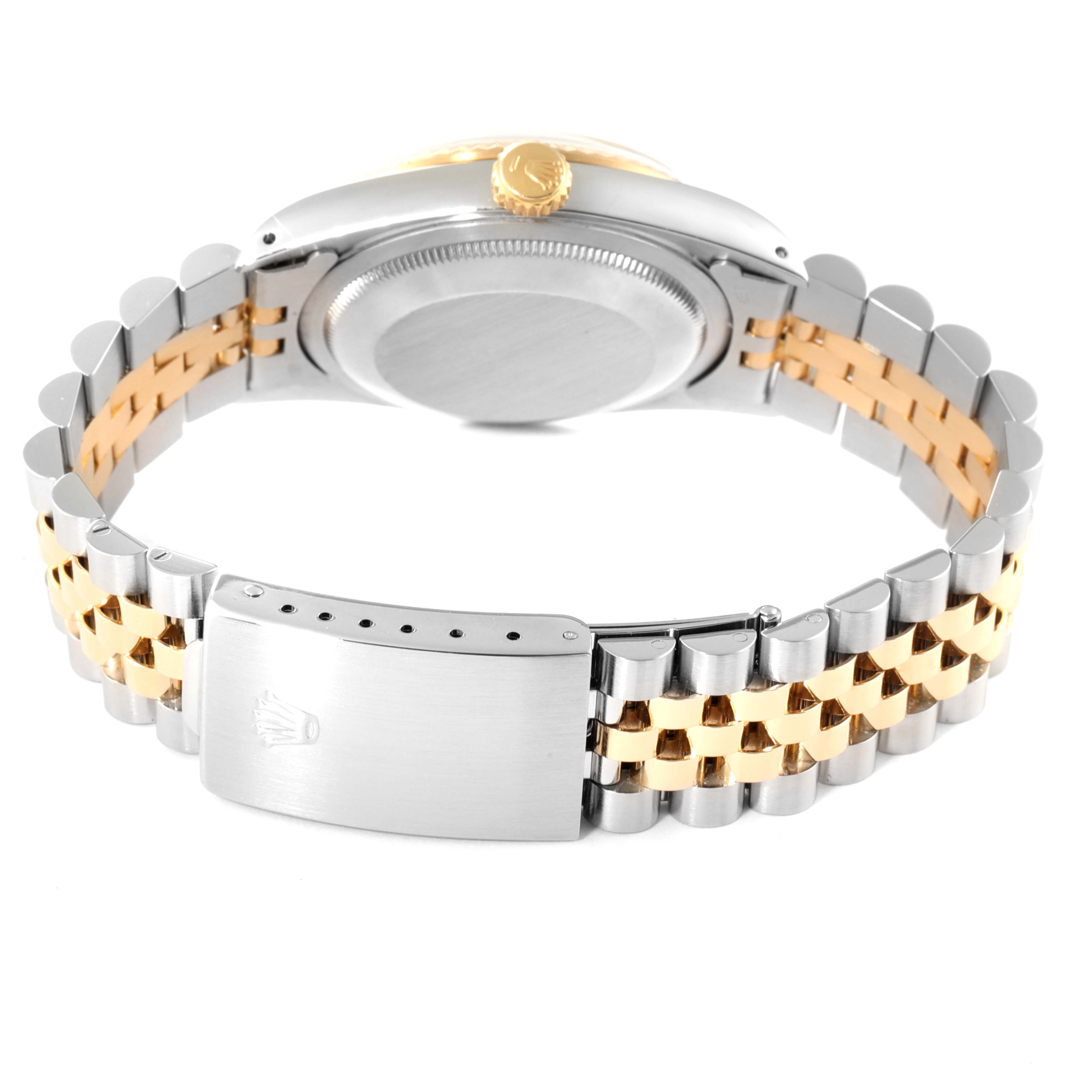 This image shows the back case and two-tone Jubilee bracelet of a Rolex Datejust 16233 Men's Steel and Gold (two tone) Beige Dial 16233 Men's Steel and Gold (two tone) Beige Dial watch.