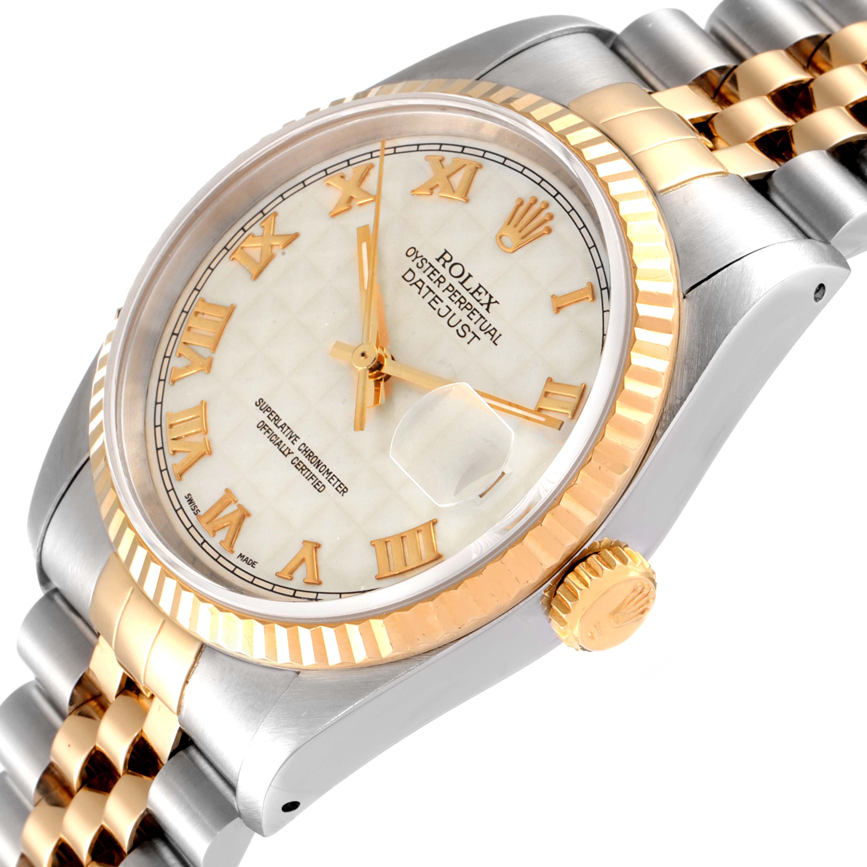 The image shows a close-up, angled view of the face, bezel, and part of the strap of a Rolex Datejust 16233 Men's Steel and Gold (two tone) Beige Dial 16233 Men's Steel and Gold (two tone) Beige Dial watch.