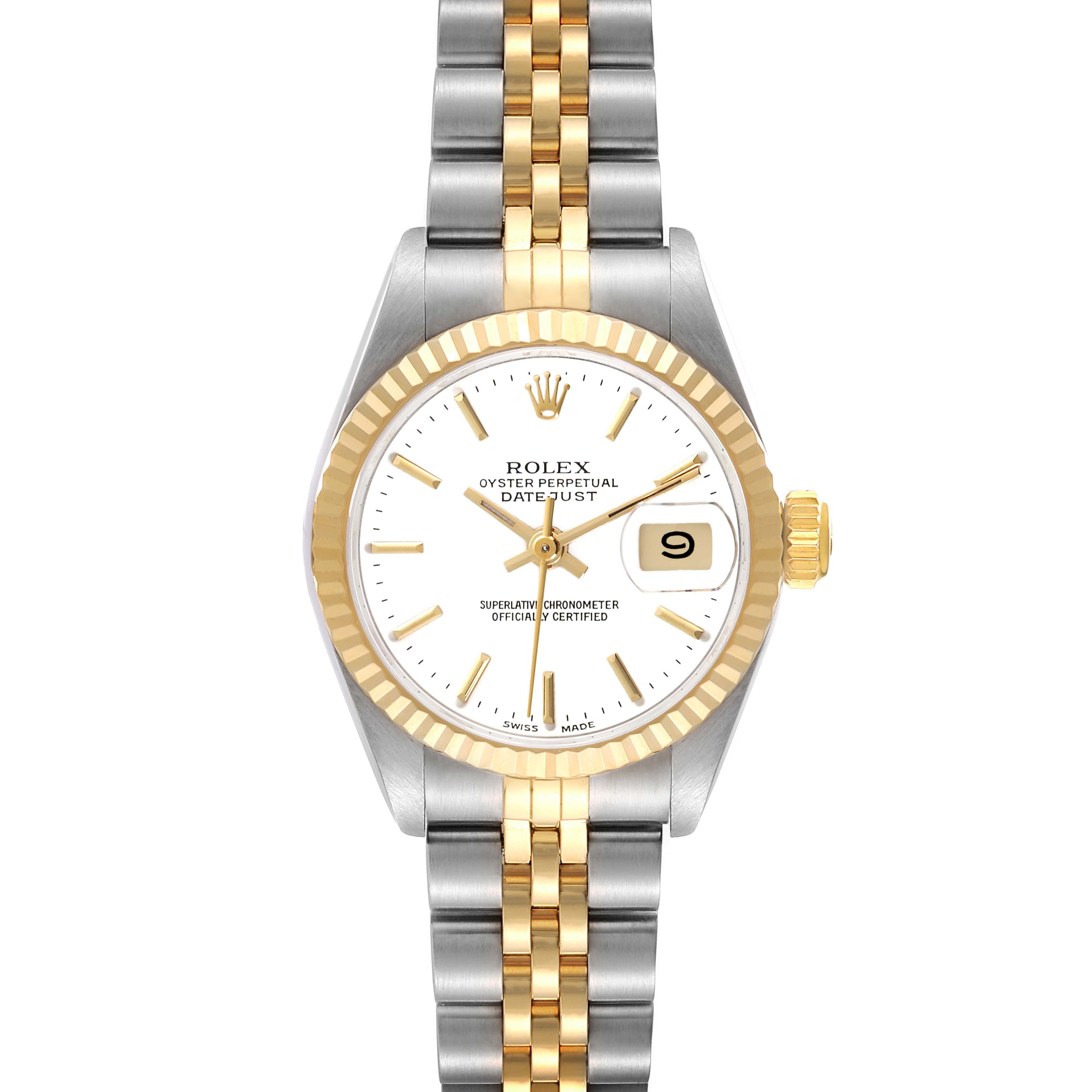 The Rolex Datejust 69173 Women's Steel and Gold (two tone) White Dial 69173 Women's Steel and Gold (two tone) White Dial watch is shown from a front view, displaying the face, bezel, and two-tone bracelet.
