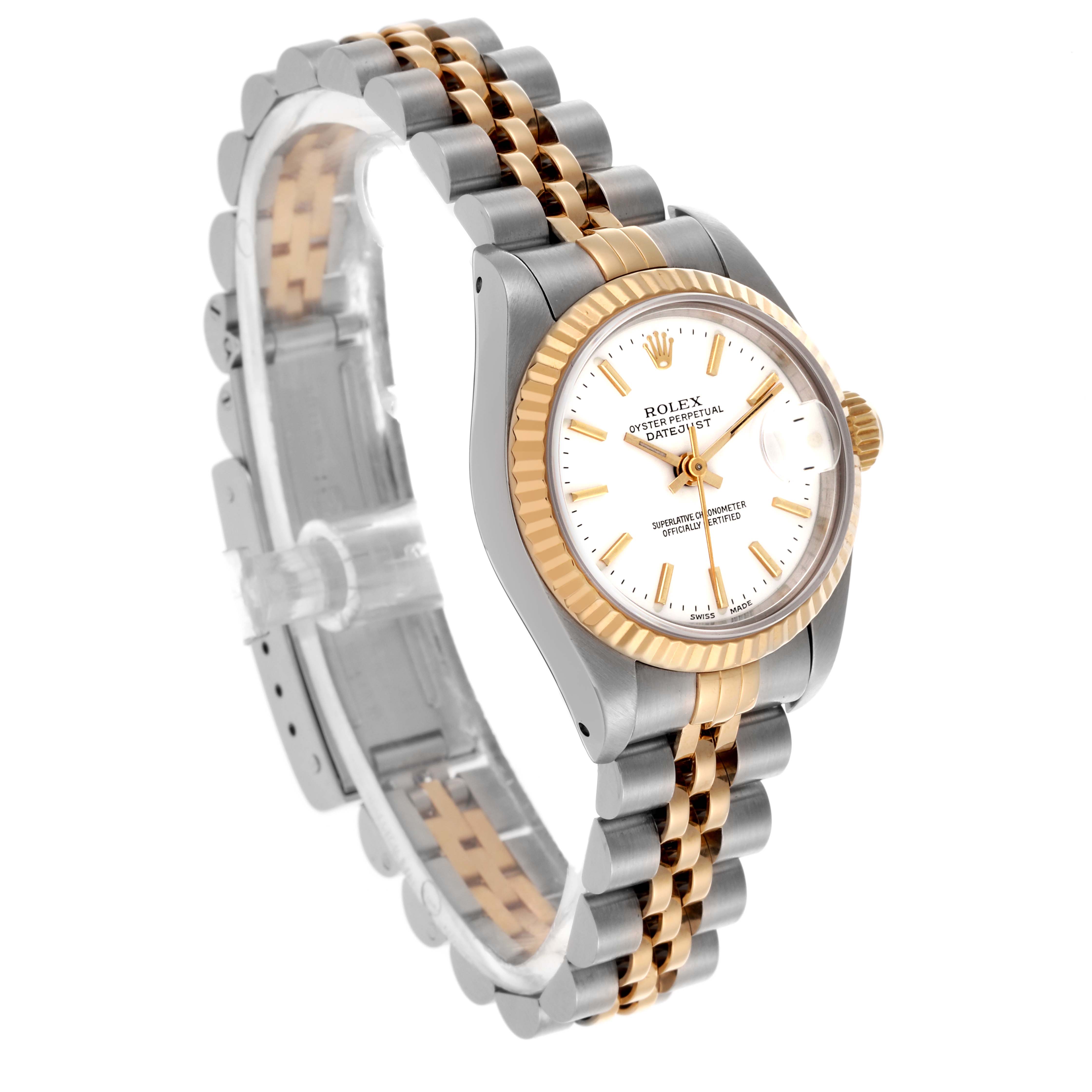 The image shows a Rolex Datejust 69173 Women's Steel and Gold (two tone) White Dial 69173 Women's Steel and Gold (two tone) White Dial watch at a slight angle, highlighting the dial, fluted bezel, and two-tone bracelet.