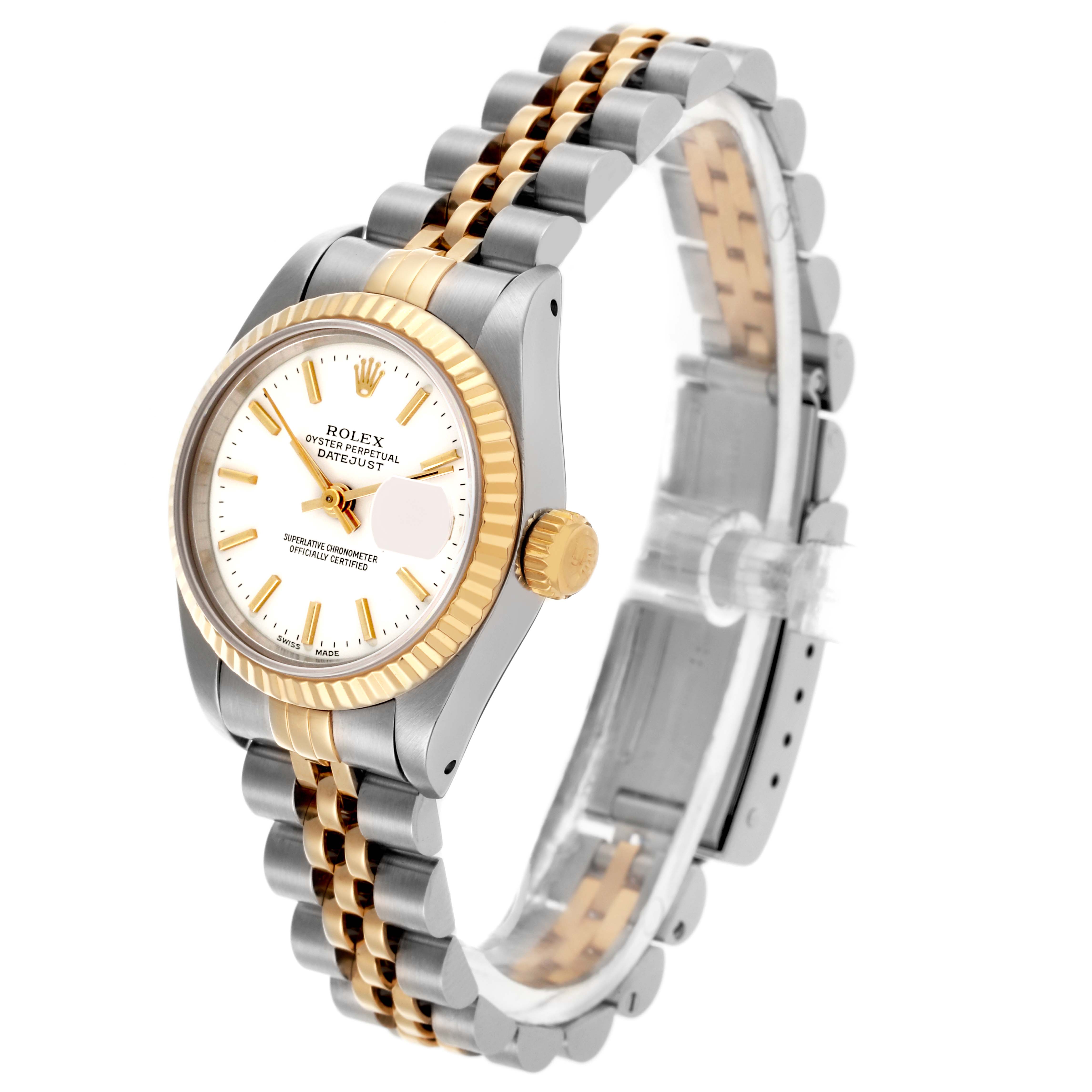 The Rolex Datejust 69173 Women's Steel and Gold (two tone) White Dial 69173 Women's Steel and Gold (two tone) White Dial is shown from a three-quarter angle, highlighting its face, bezel, crown, and two-tone bracelet.
