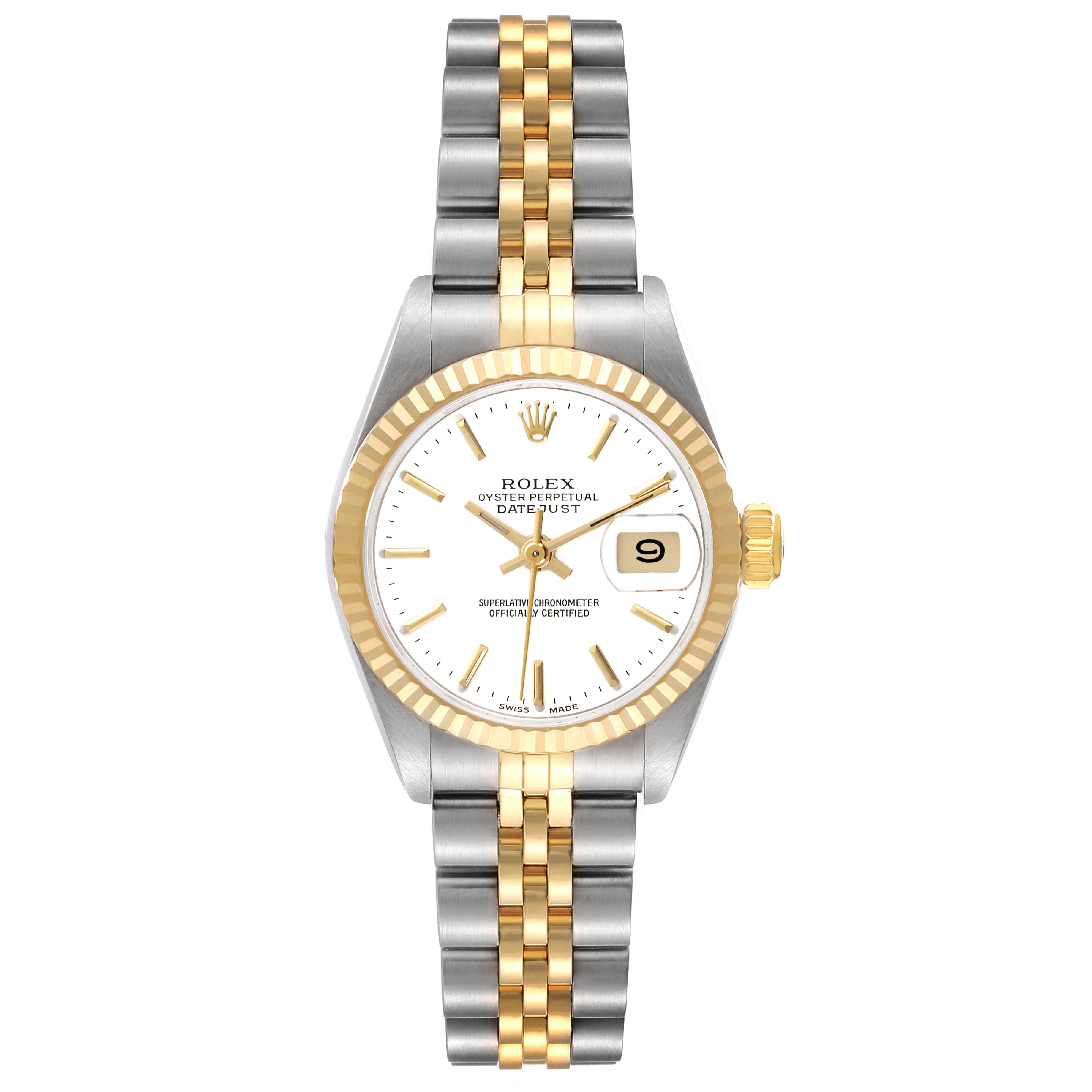 The Rolex Datejust 69173 Women's Steel and Gold (two tone) White Dial 69173 Women's Steel and Gold (two tone) White Dial watch is shown from a top-down angle, displaying the dial, bezel, and Jubilee bracelet.