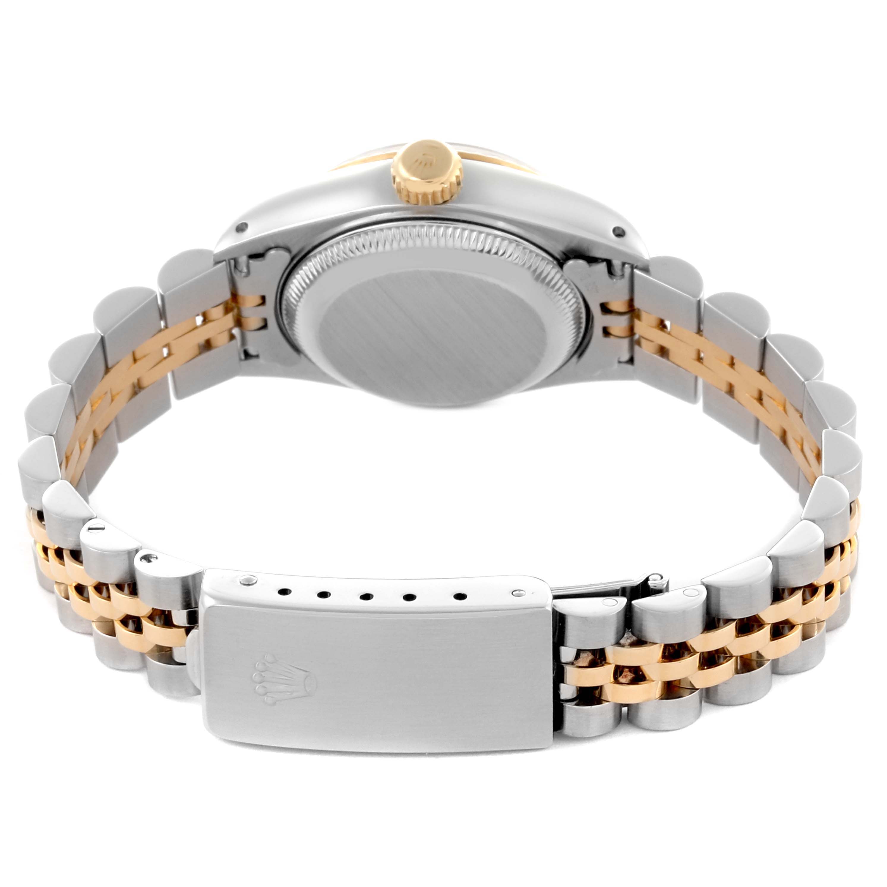 The image shows the back view of a Rolex Datejust 69173 Women's Steel and Gold (two tone) White Dial 69173 Women's Steel and Gold (two tone) White Dial, including the case back, bracelet, and crown.