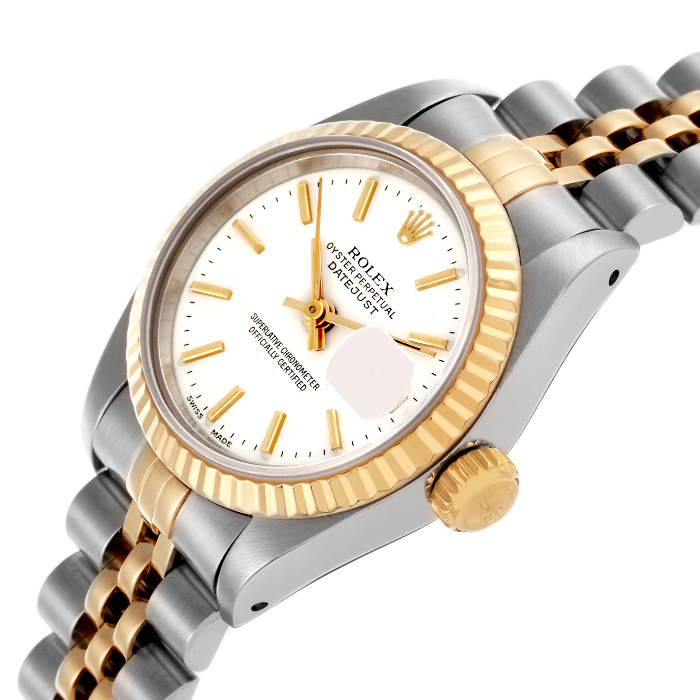 The Rolex Datejust 69173 Women's Steel and Gold (two tone) White Dial 69173 Women's Steel and Gold (two tone) White Dial watch is shown at an angle highlighting the bezel, crown, dial, and part of the bracelet.