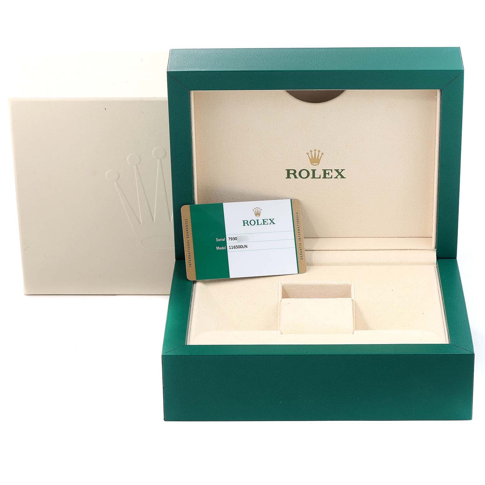 The image shows the box and warranty card for the Rolex Daytona 116500 Men's Stainless Steel White Dial 116500 Men's Stainless Steel White Dial watch model.