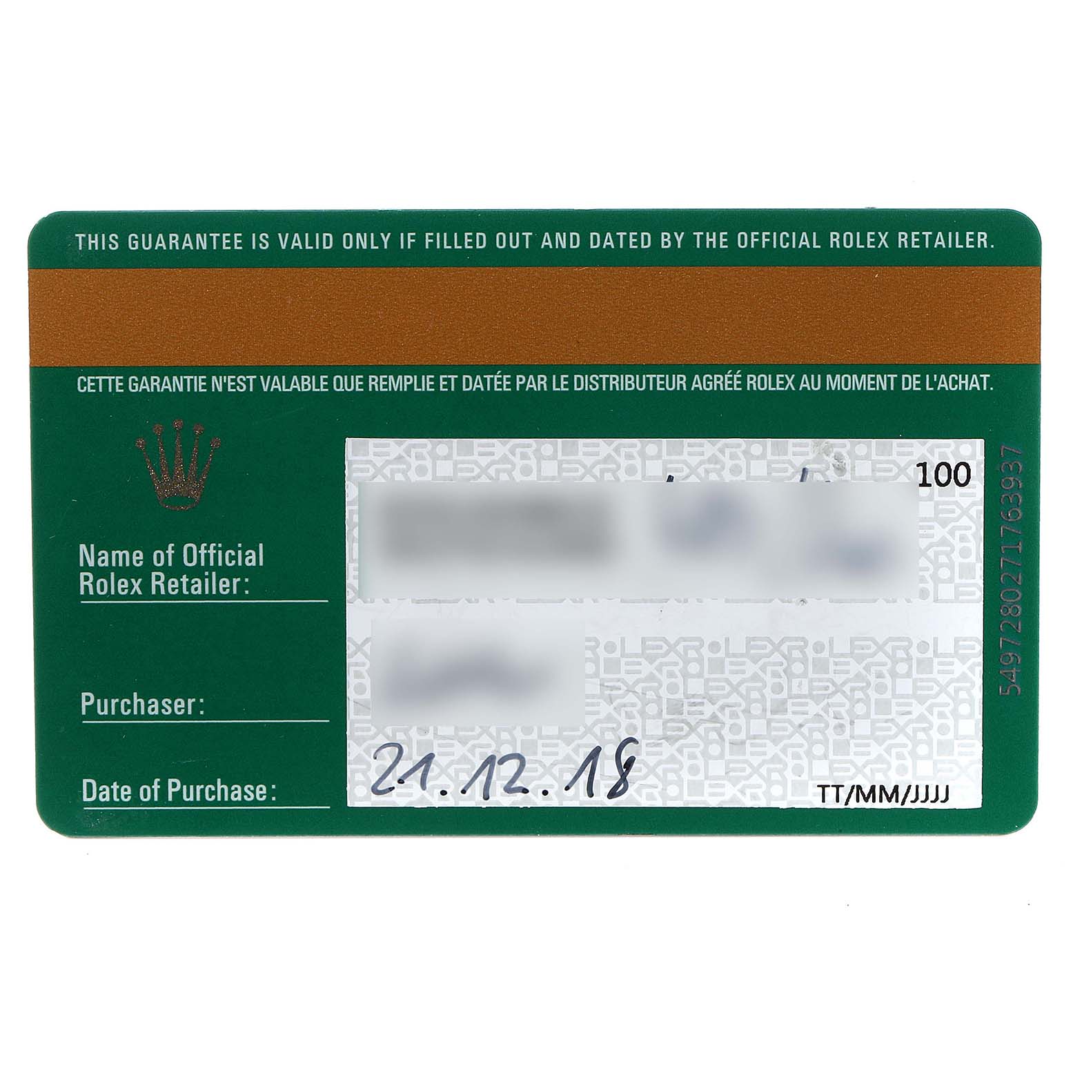 This image shows the guarantee card for the Rolex Daytona 116500 Men's Stainless Steel White Dial 116500 Men's Stainless Steel White Dial watch model.