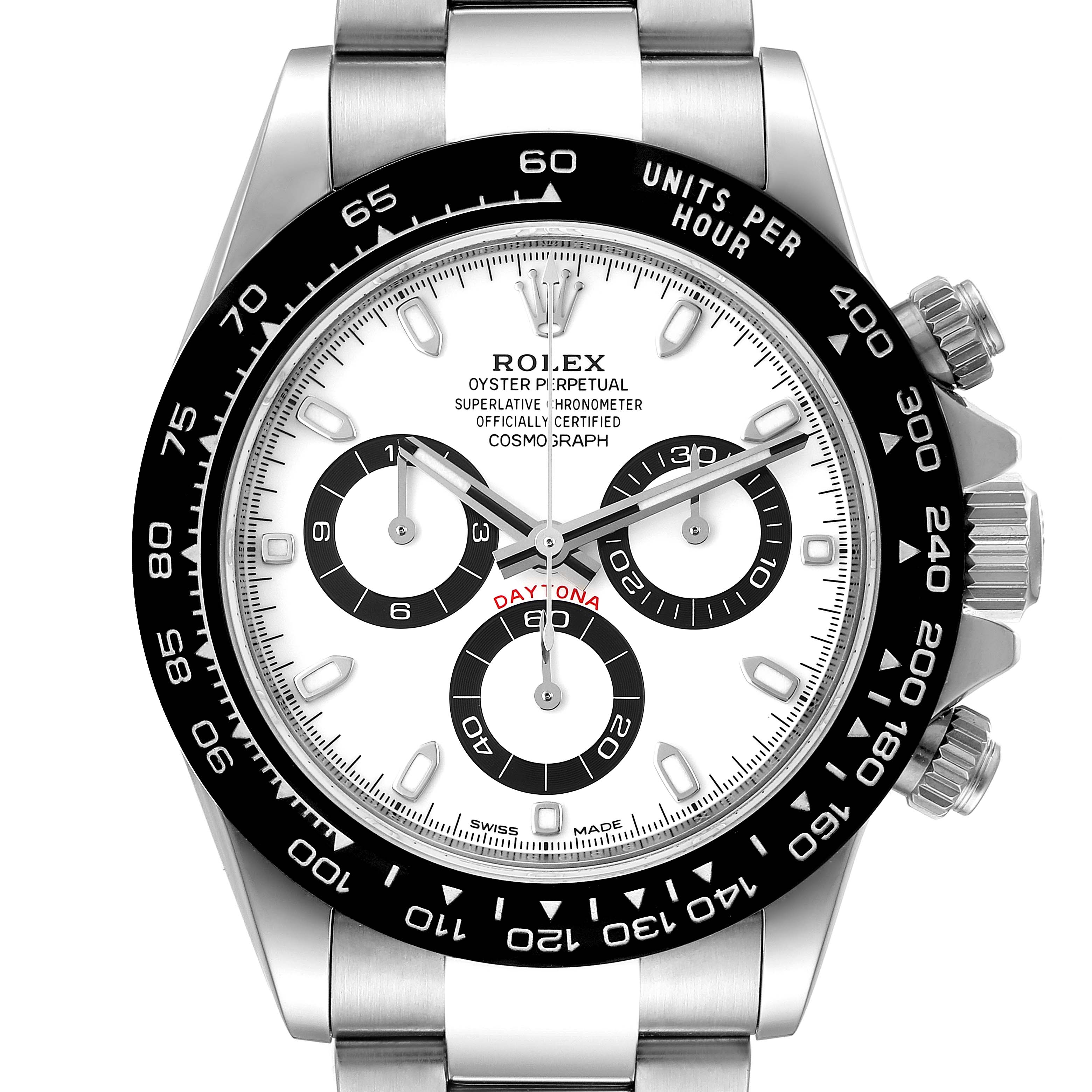 The image shows a front view of the Rolex Daytona 116500 Men's Stainless Steel White Dial 116500 Men's Stainless Steel White Dial watch, featuring the dial, bezel, and pushers.