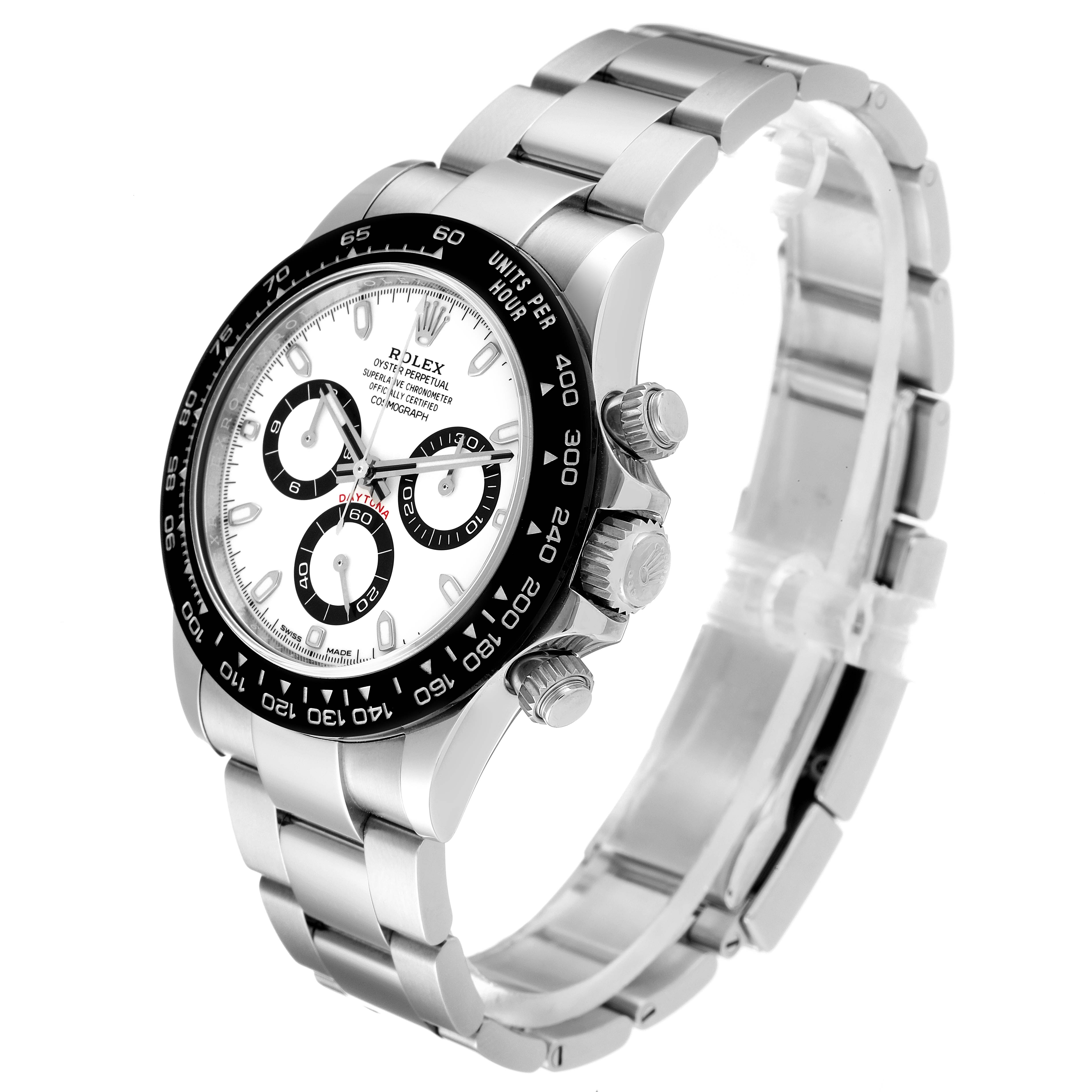 This image shows the front and side view of a Rolex Daytona 116500 Men's Stainless Steel White Dial 116500 Men's Stainless Steel White Dial watch, highlighting the dial, bezel, and bracelet.