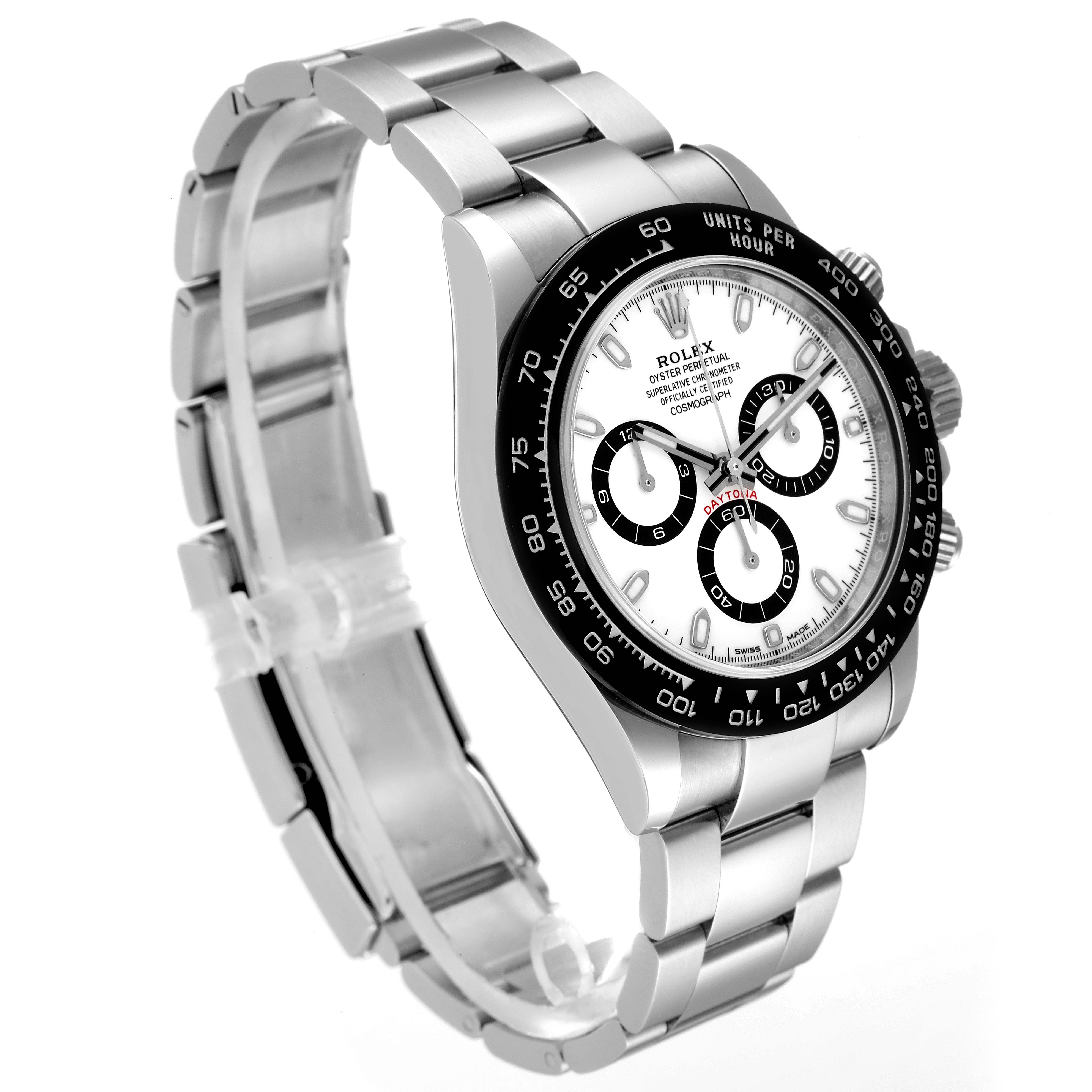 The Rolex Daytona 116500 Men's Stainless Steel White Dial 116500 Men's Stainless Steel White Dial watch is shown at a three-quarter angle, highlighting the watch face, bracelet, and bezel.