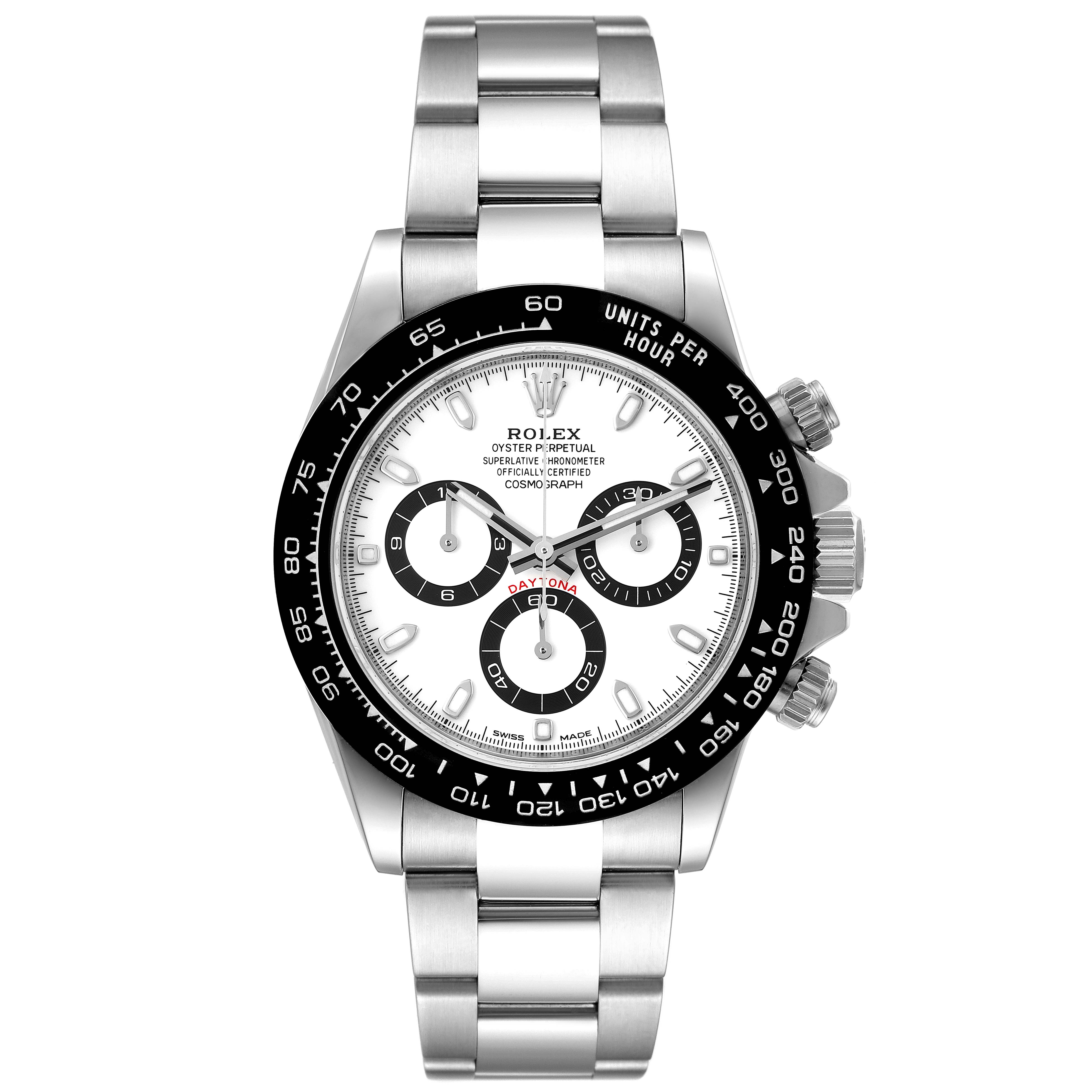 This image shows a Rolex Daytona 116500 Men's Stainless Steel White Dial 116500 Men's Stainless Steel White Dial watch with a stainless steel bracelet, black bezel, and white dial with three subdials.