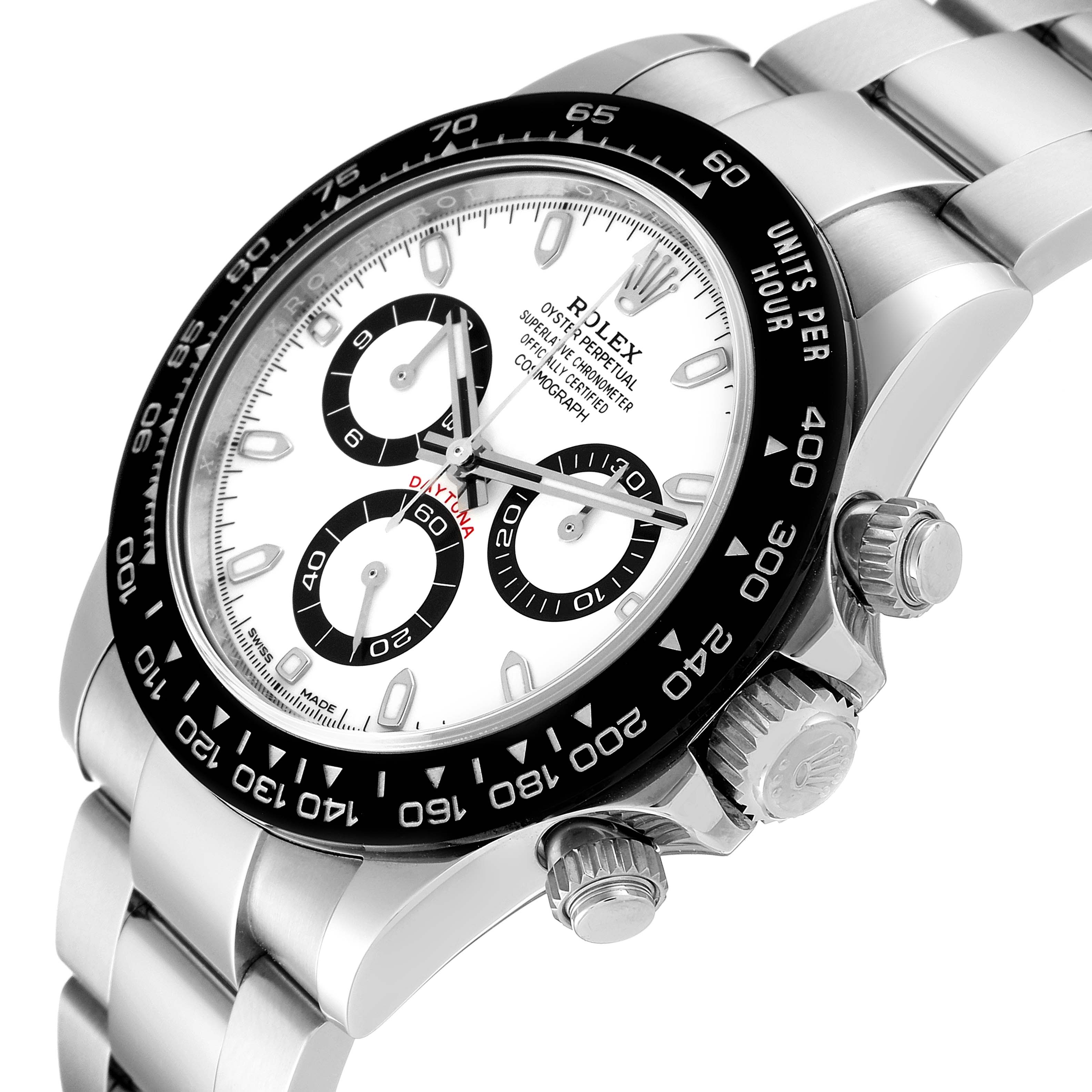 The Rolex Daytona 116500 Men's Stainless Steel White Dial 116500 Men's Stainless Steel White Dial watch is shown from an angled side view highlighting the face, bezel, and crown.