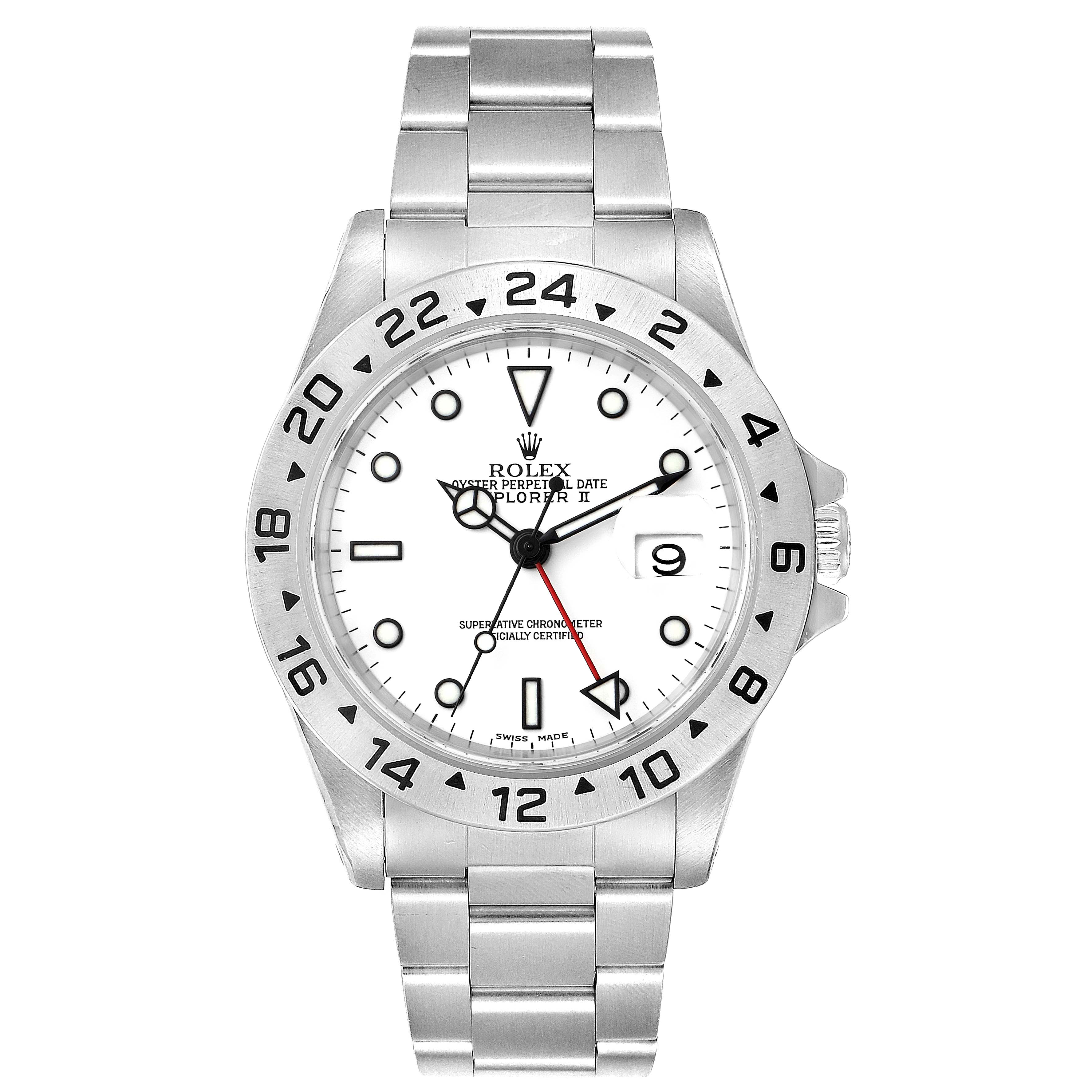 This image shows a front view of a Rolex Explorer 16570 Men's Stainless Steel White Dial 16570 Men's Stainless Steel White Dial watch, displaying the dial, hands, bezel, and bracelet.